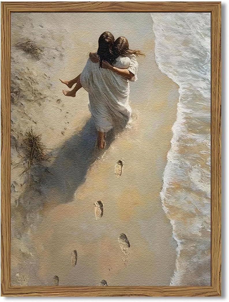 Jesus Hugging Woman Wall Art Jesus On The Beach Wall Decor 3D Textured Hand Drawn Sandstone Christian Decor Painting Footprints 