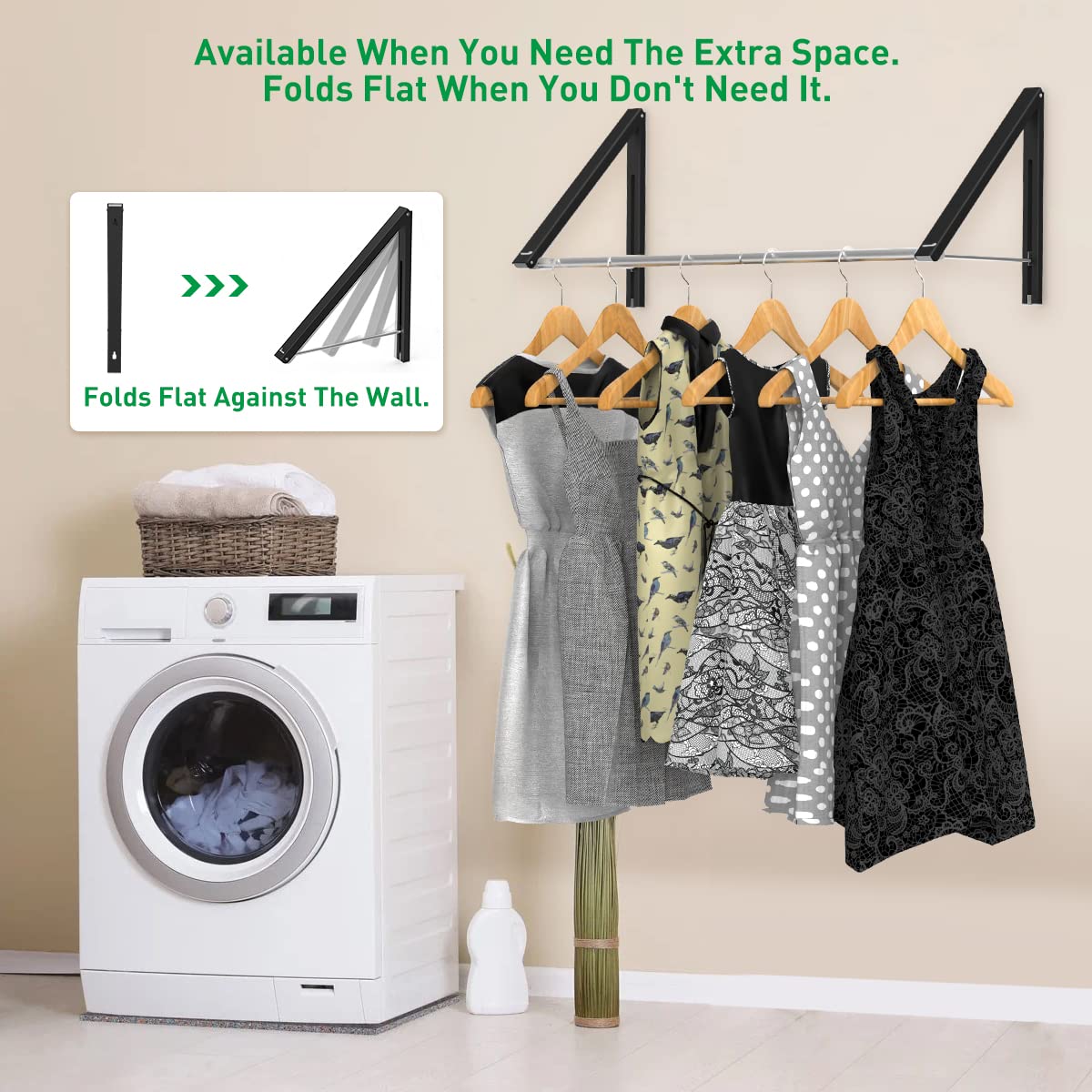 Anjuer Retractable clothes Rack - Wall Mounted Folding clothes Hanger Drying Rack for Laundry Room closet Storage Organization  Aluminum  2 Racks with Rod (Black)