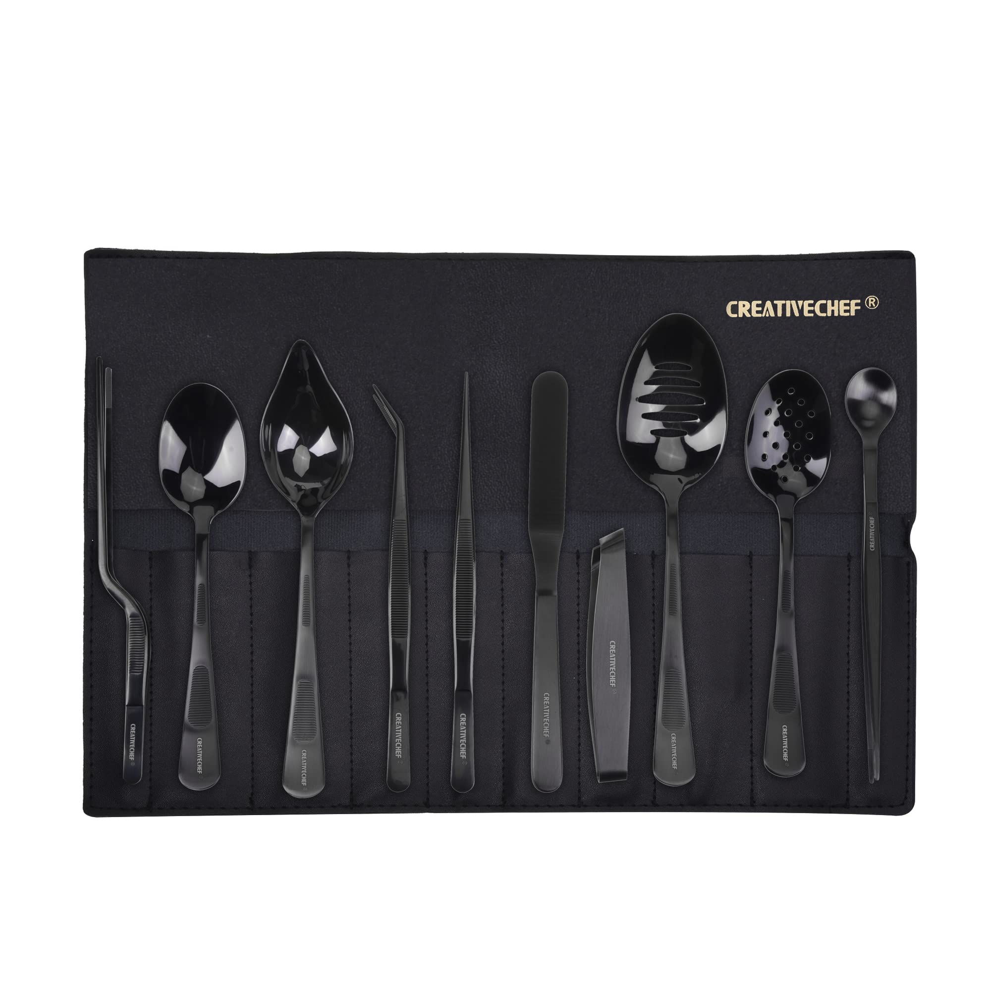 Creativechef 10 Pcs Plating Tools Culinary Set Contains Kitchen Tweezers Spatula Sauce Plating Spoon(Black)