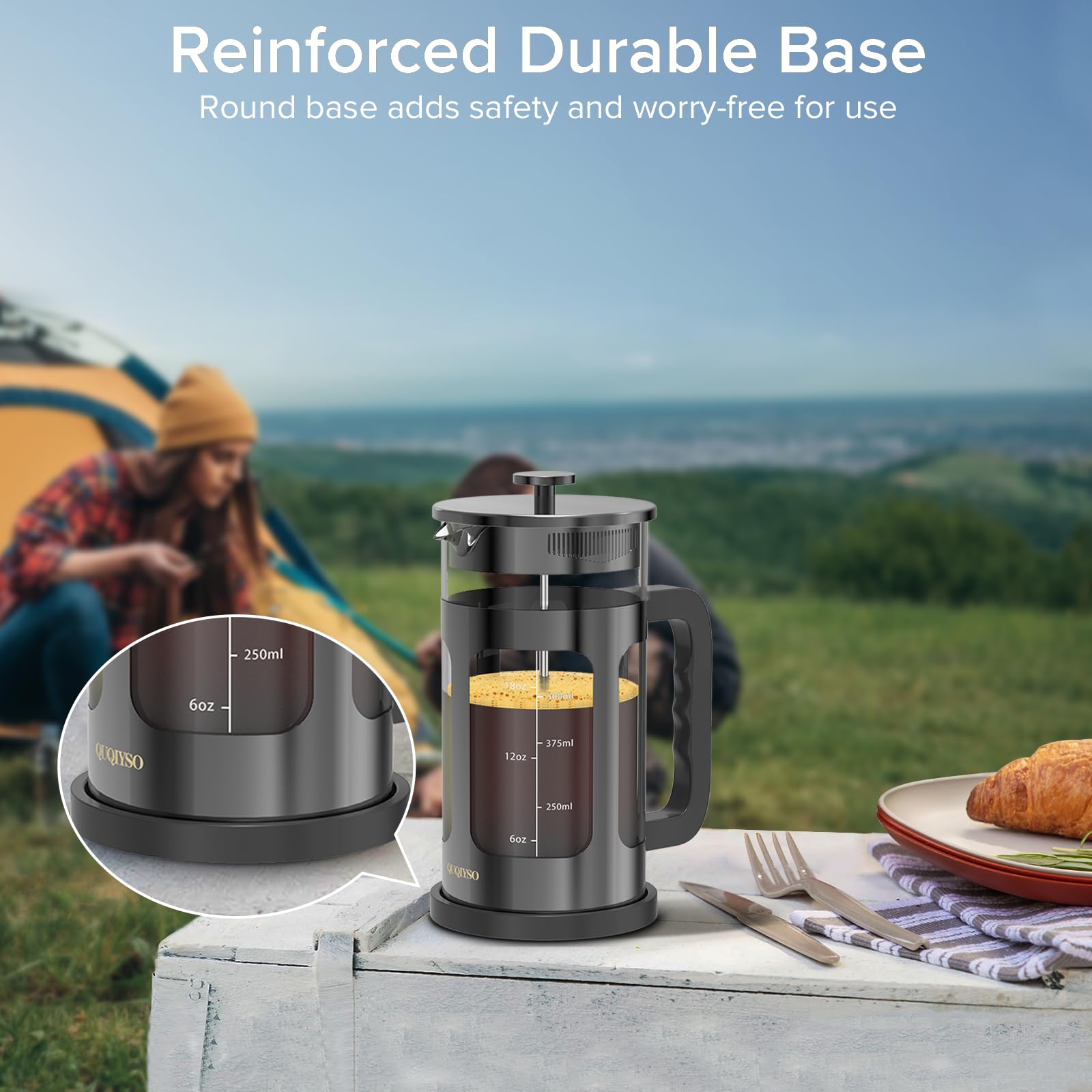QUQIYSO French Press Coffee Maker, 21oz Borosilicate Glass, Dark Pewter, 304 Stainless Steel, 4 Filters, BPA Free, Easy to Clean