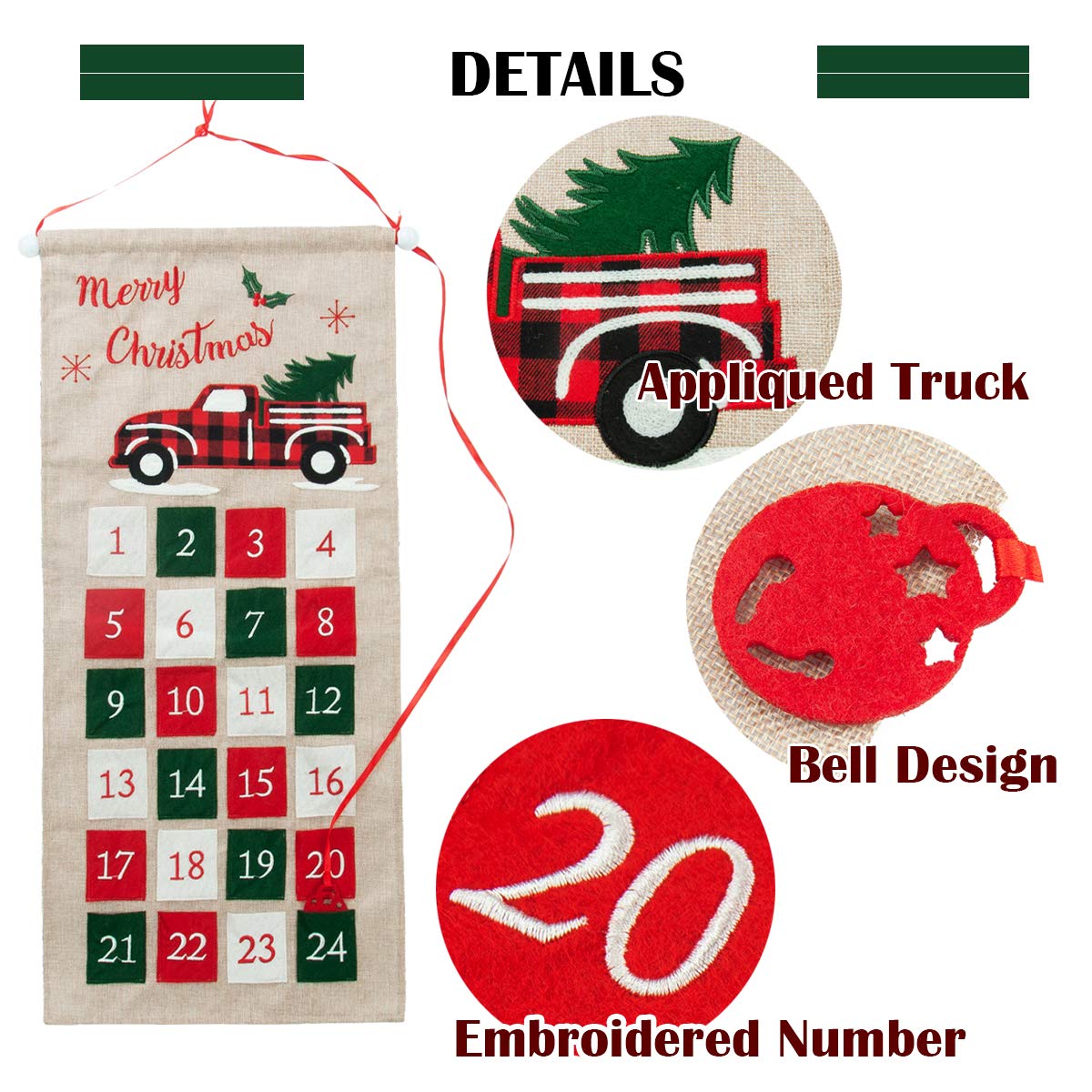 GMOEGEFT Burlap Advent Calendar 2024 Countdown to Christmas with Truck Applique Hanging Xmas Home Wall Fabric Decoration