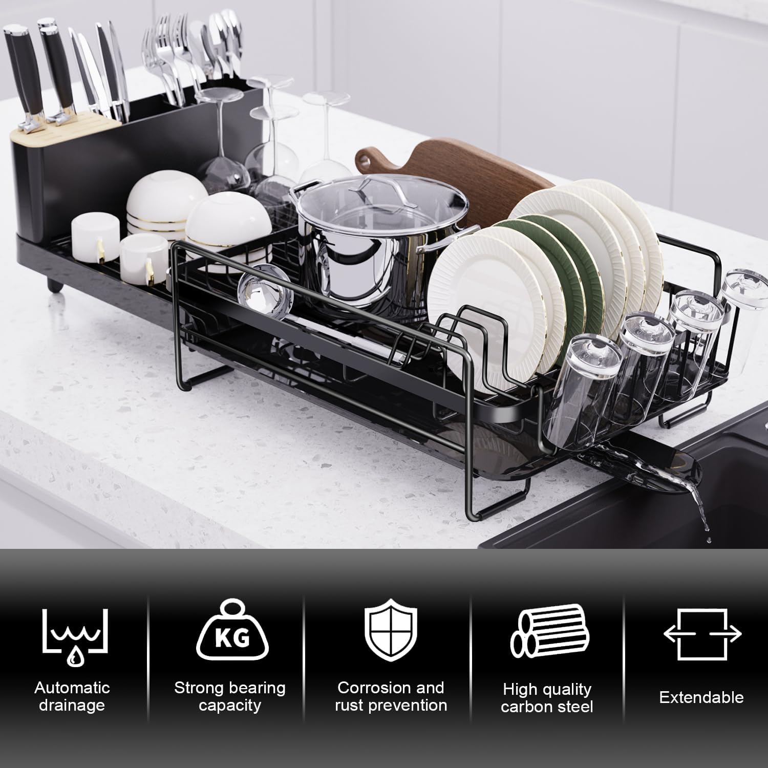 Runnatal Large Dish Drying Rack With Drainboard Set, Extendable Dish Rack, Utensil Holder, Cup Holder, Expandable Dish Drainer F