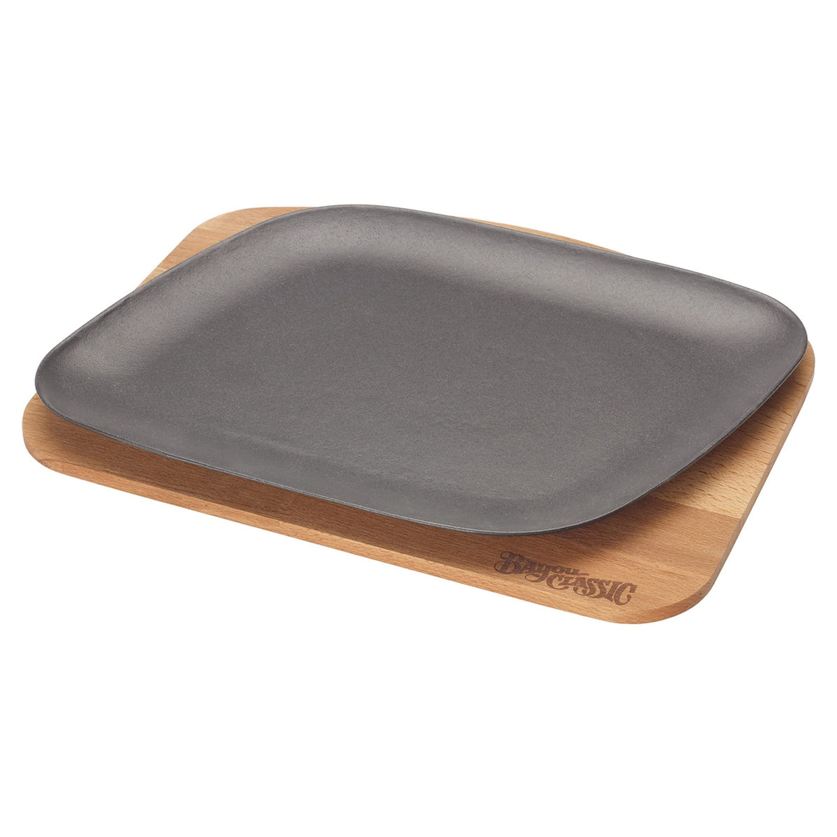 Bayou Classic 7780B Black Enameled Cast Iron Fajita Pan Features Wooden Trivet 12-In Length Perfect For Skirt Steak Chicken Vegg