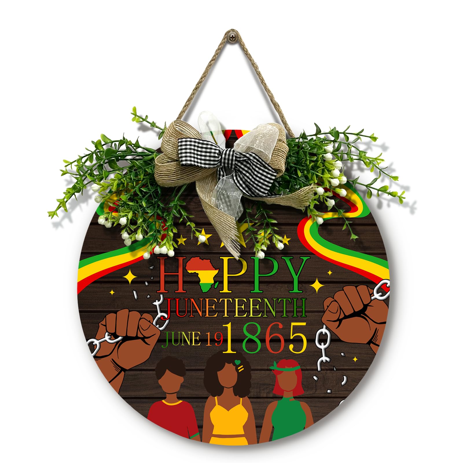 Dacawin Happy Juneteeth Door Sign June 19th 1865 African Afro American Emancipation Round Wooden Sign with Bow Wreath Independen