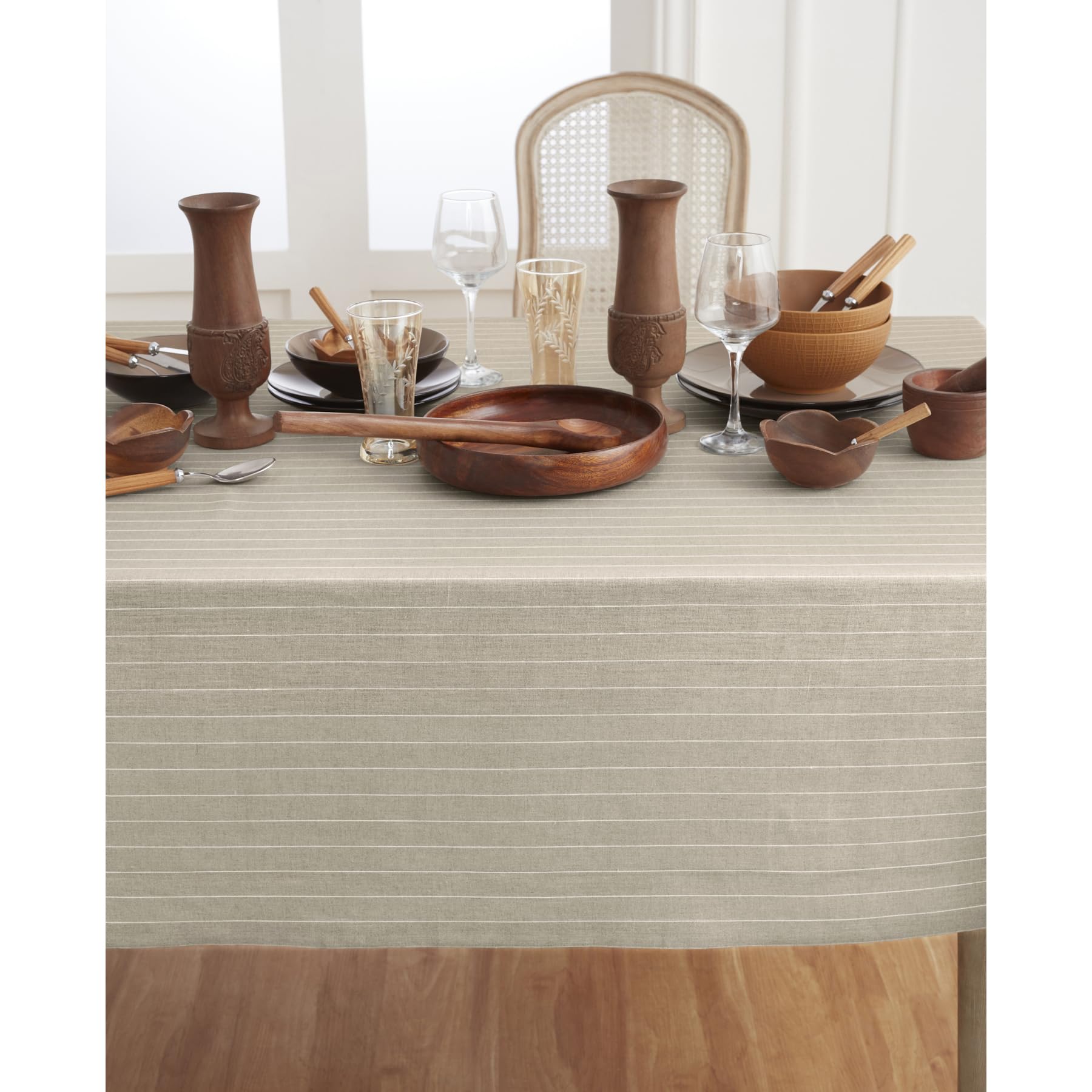 Solino Home Pinstripe Linen Tablecloth 120'' L X 60'' W Inch - 100% Pure Linen Natural And White Tablecloth For Spring, Easter -