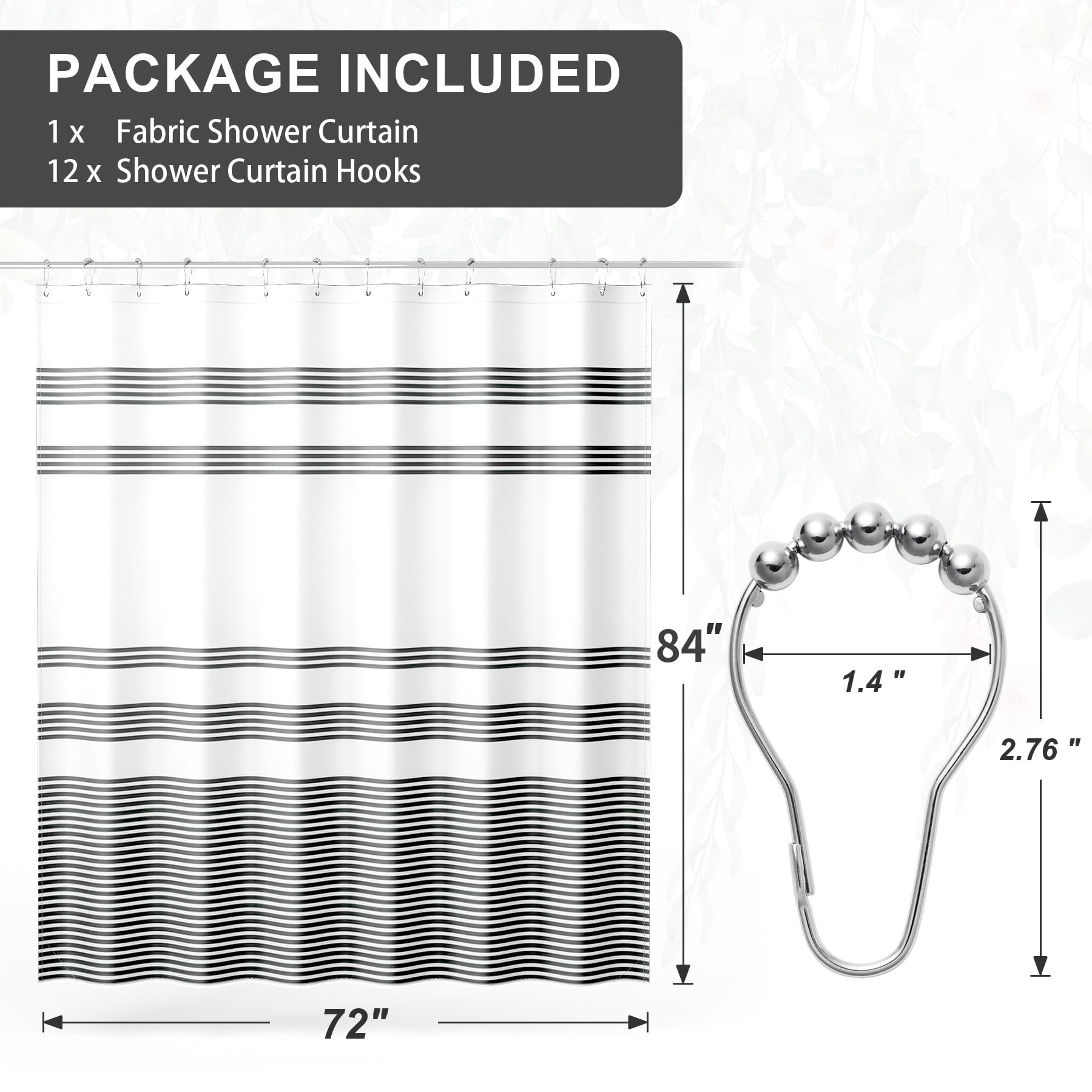 Amazerbath Shower Curtain, Striped Black Fabric Shower Curtain Set With 12 Shower Curtain Hooks, Rustic Cloth Black And White Sh