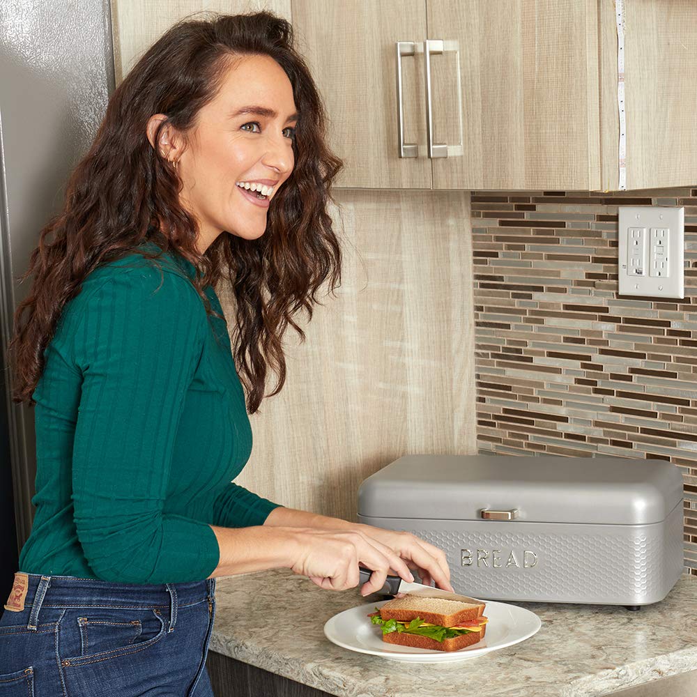 Home Basics Soho Bread Box For Kitchen Countertop, Metal, (Grey), Vented With Hinge Top | Large Bread Box | Keeps Loaves, Bagels
