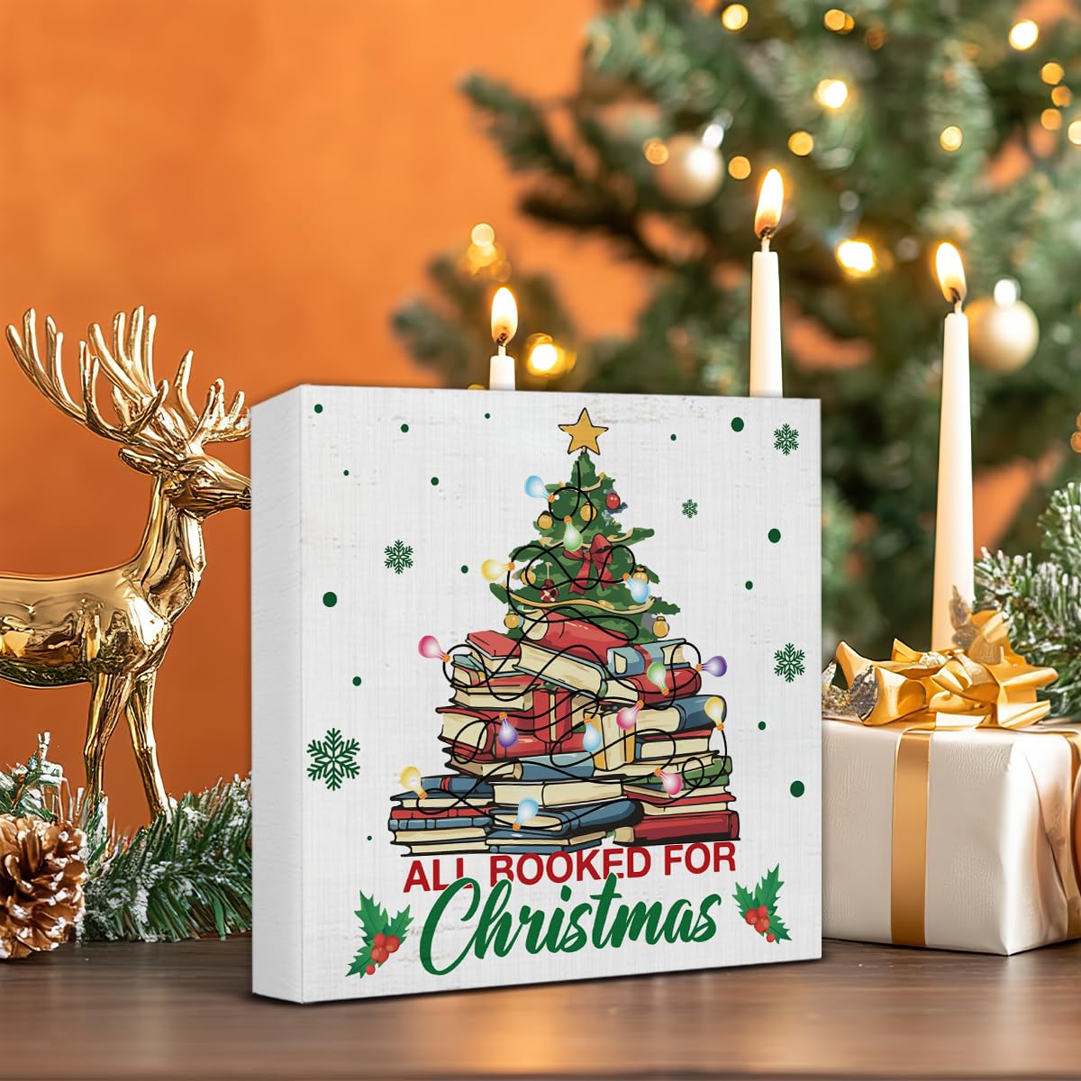 Indoor Christmas Decorations, Christmas Book Tree Wooden Sign, Rustic Christmas Decor, Christmas Decor for Desk Table Shelf 5 x