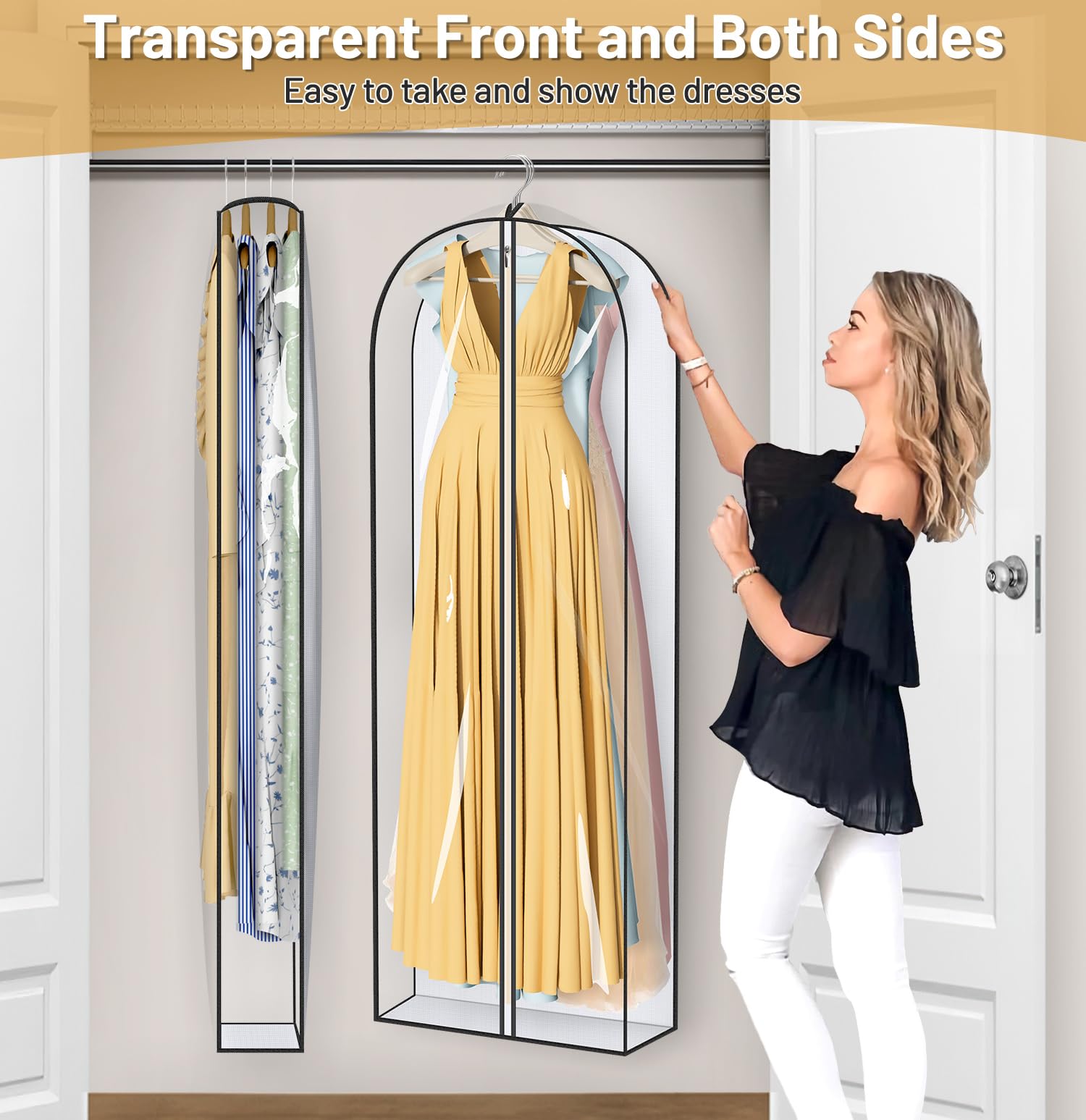 Misslo 65'' Clear Garment Bags For Hanging Clothes 4'' Gusseted Dress Bags For Gowns Long Dress Cover For Closet Storage Dress P