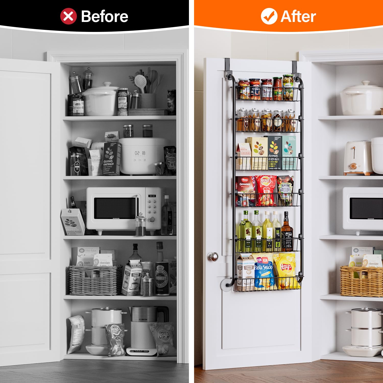 Delamu Over the Door Pantry Organizer, Metal Pantry Organizers and Storage, 6-Tier Over the Door Organizer, Pantry Door Organize