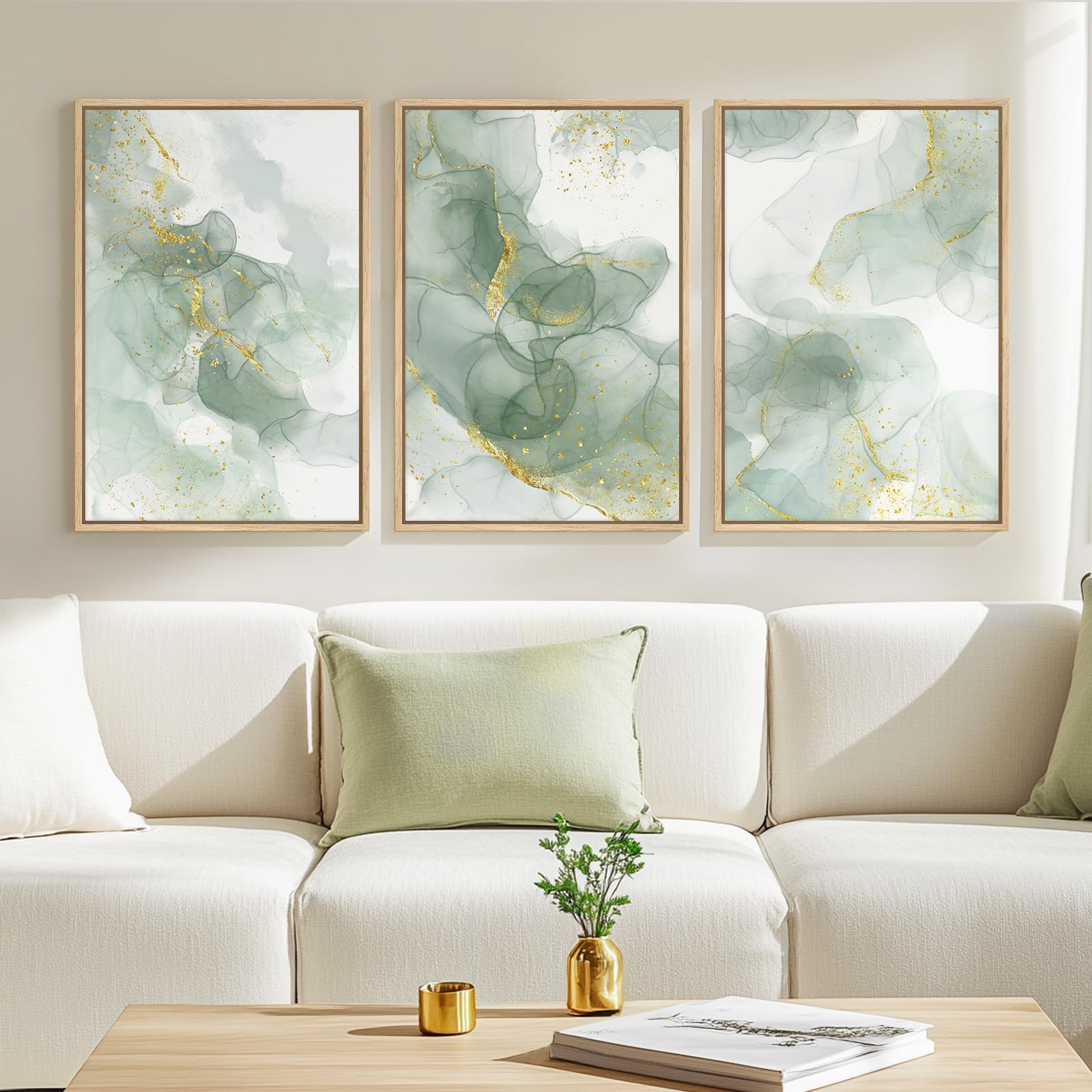 Framed Sage Green Abstract Wall Art, 3 Piece Modern Canvas Prints Paintings Artwork For Walls, Minimalist Green And Gold Abstrac