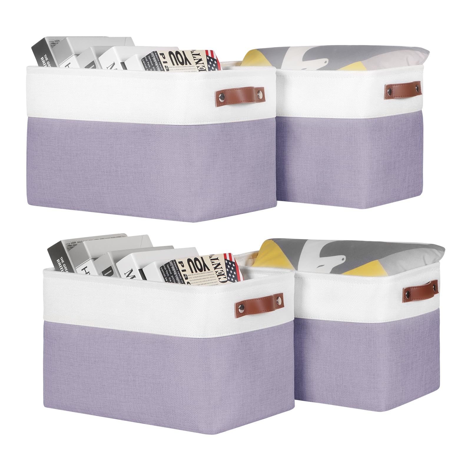 Univivi Large Storage Baskets [4-Pack] Foldable Fabric Storage Bins With Pu Handles|Hard Bottom Rectangle Organizer Bins For She