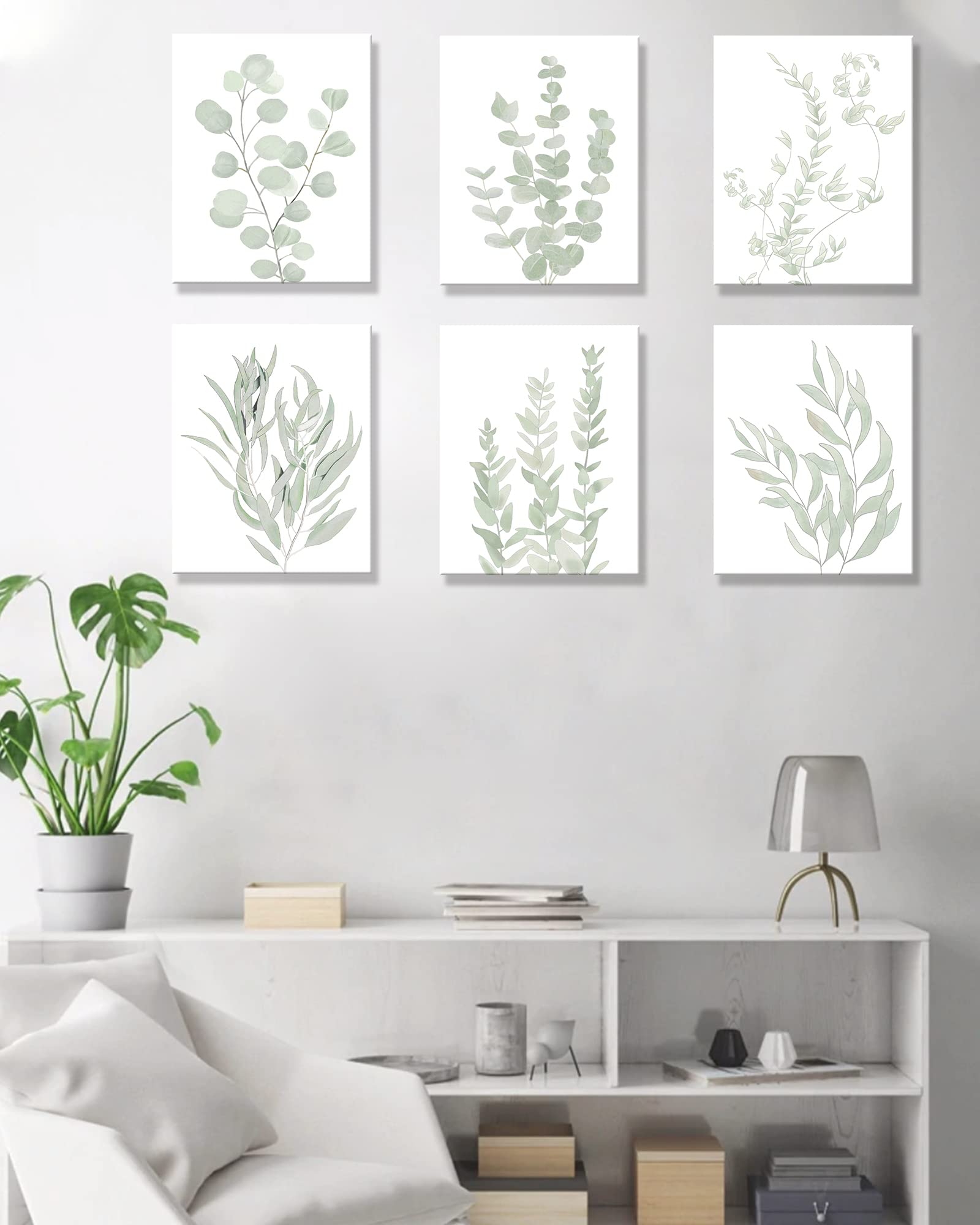 Botanical Eucalyptus Canvas FRAMED Wall Art | Boho Plant Wall Decor for Bedroom | Minimalist Prints for Living Room | Light Green Botanical Art Painting for Bathroom | Eucalyptus Leaf Picture | Set of 6 | 8