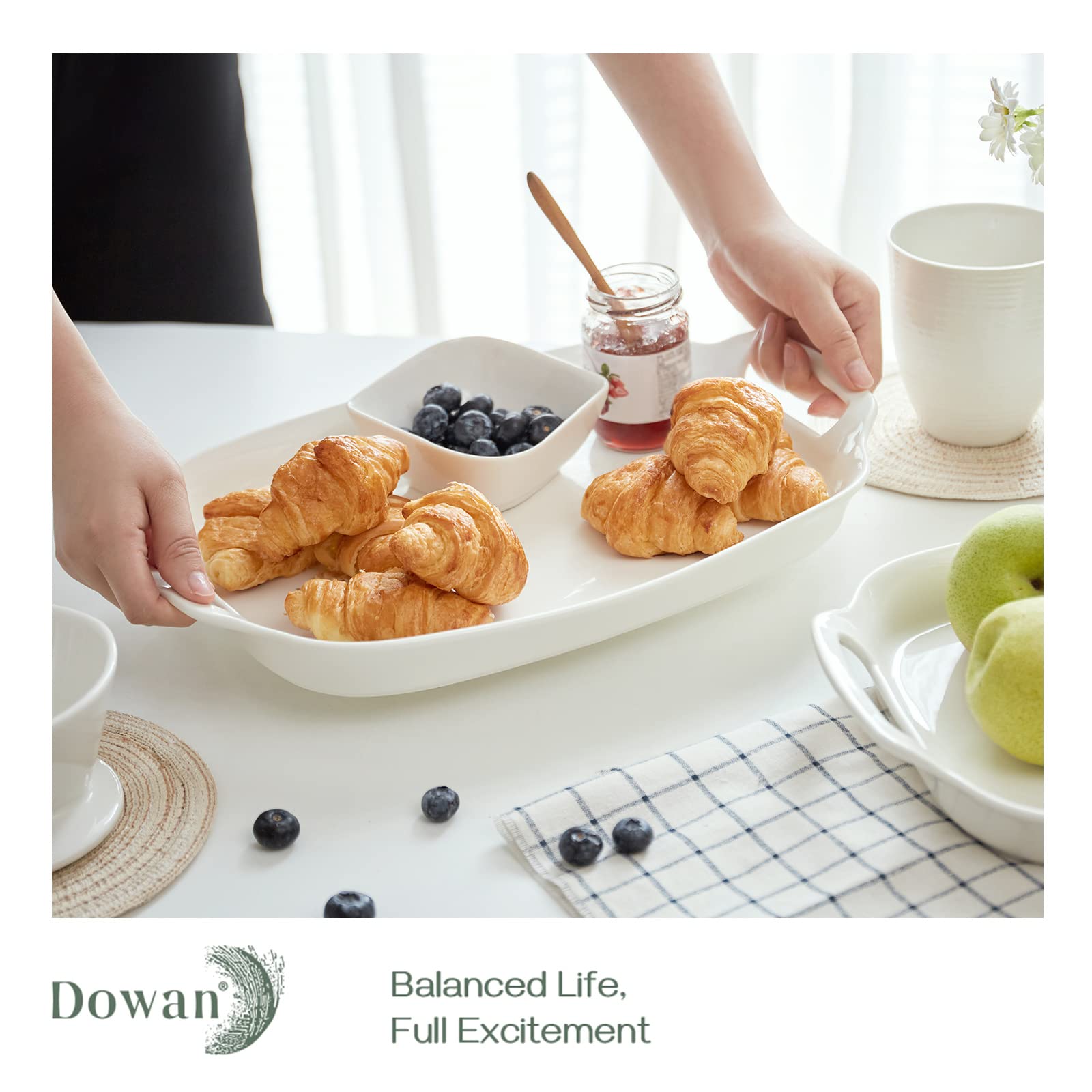 Dowan Serving Tray With Handles, 15.4'' Large Platters For Wedding Decor, Porcelain Serving Dish For Entertaining, White Plates