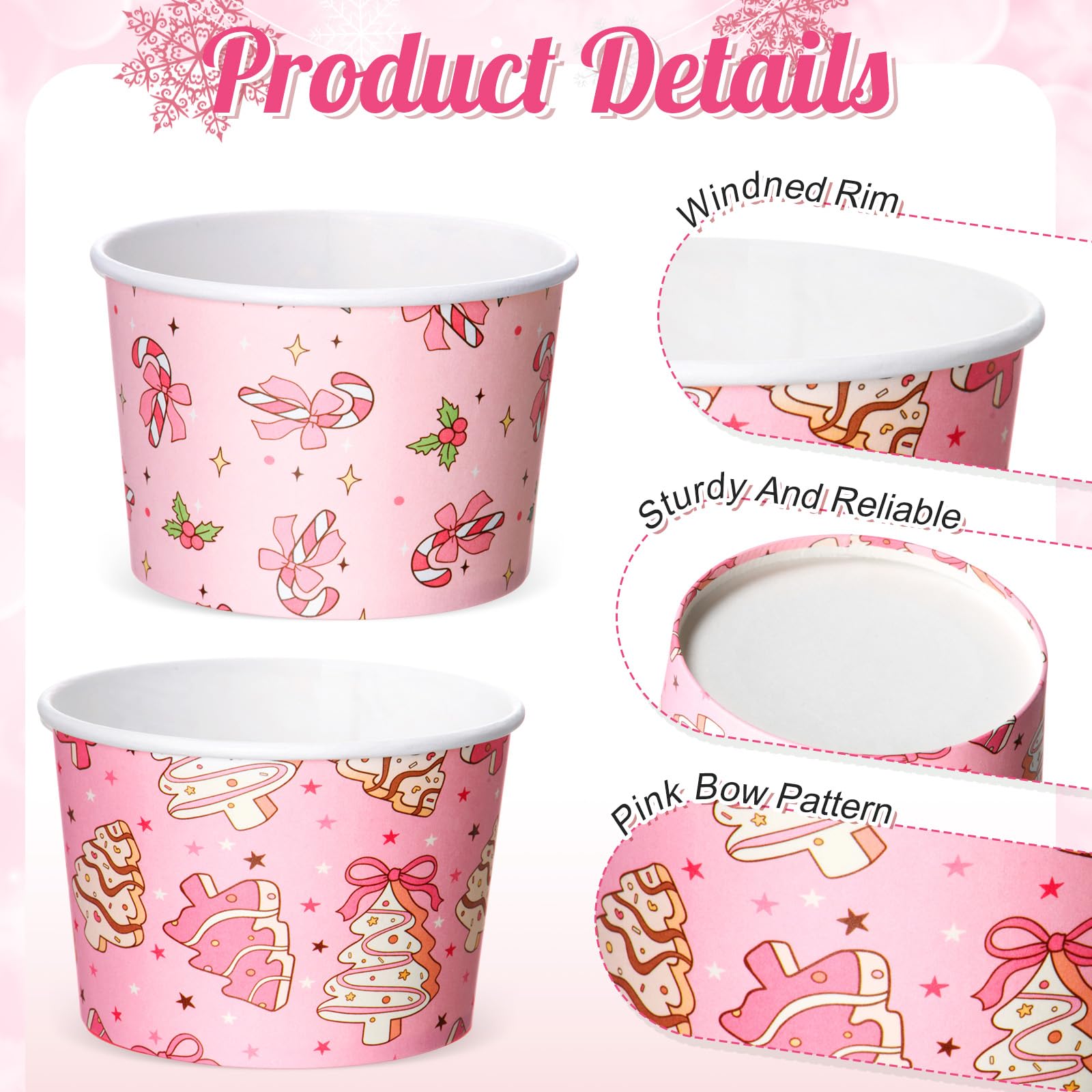 Jingmore 100 Pcs 8 oz Pink Christmas Treat Snack Cups Pink Xmas Tree Candy Canes Disposable Bowls Ice Cream Dessert Soup Paper B