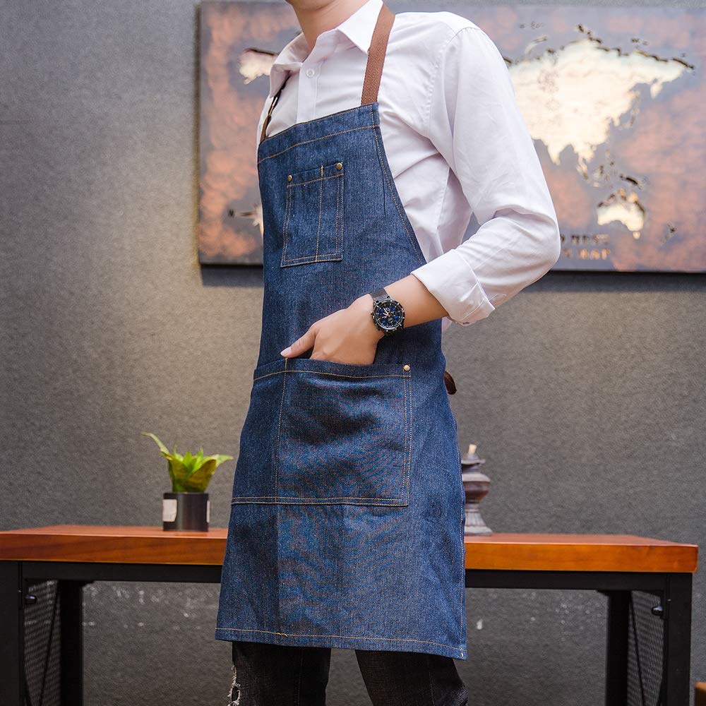 Yiswear Unisex Adjustable Multi-Pocket Denim Apron,For Chef, Kitchen, Bbq And Studio