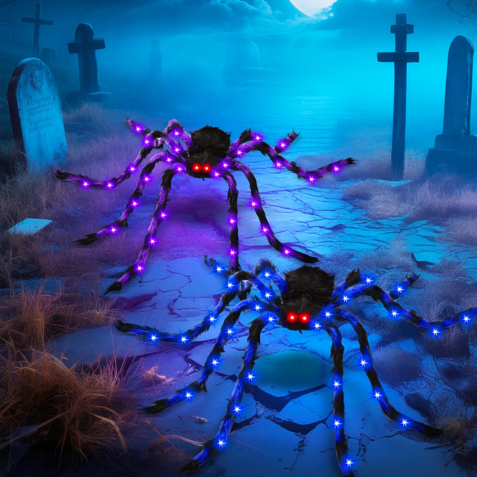 2 Pack 50 Halloween Light Up Spiders, Giant Hairy Spider Decorations with Blue and Purple LED Lights, Scary Indoor Outdoor Hallo