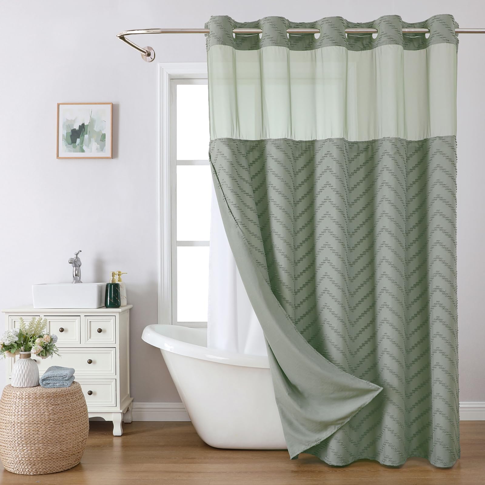 Eachope Long No Hook Tufted Chevron Striped Shower Curtain With Snap-In Fabric Liner Set-71Wx80H(78H),Sage Green Hotel Grade Boh