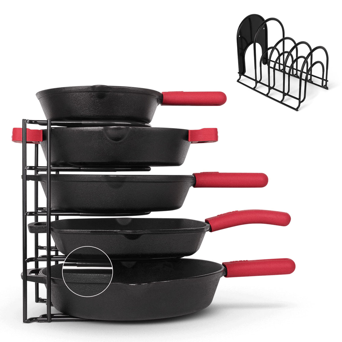 Pan Organizer - Silicone-Coated Non-Slip 12'' Heavy Duty Skillet Rack - Kitchen Counter/Cabinet Organization Storage - Holder Fo