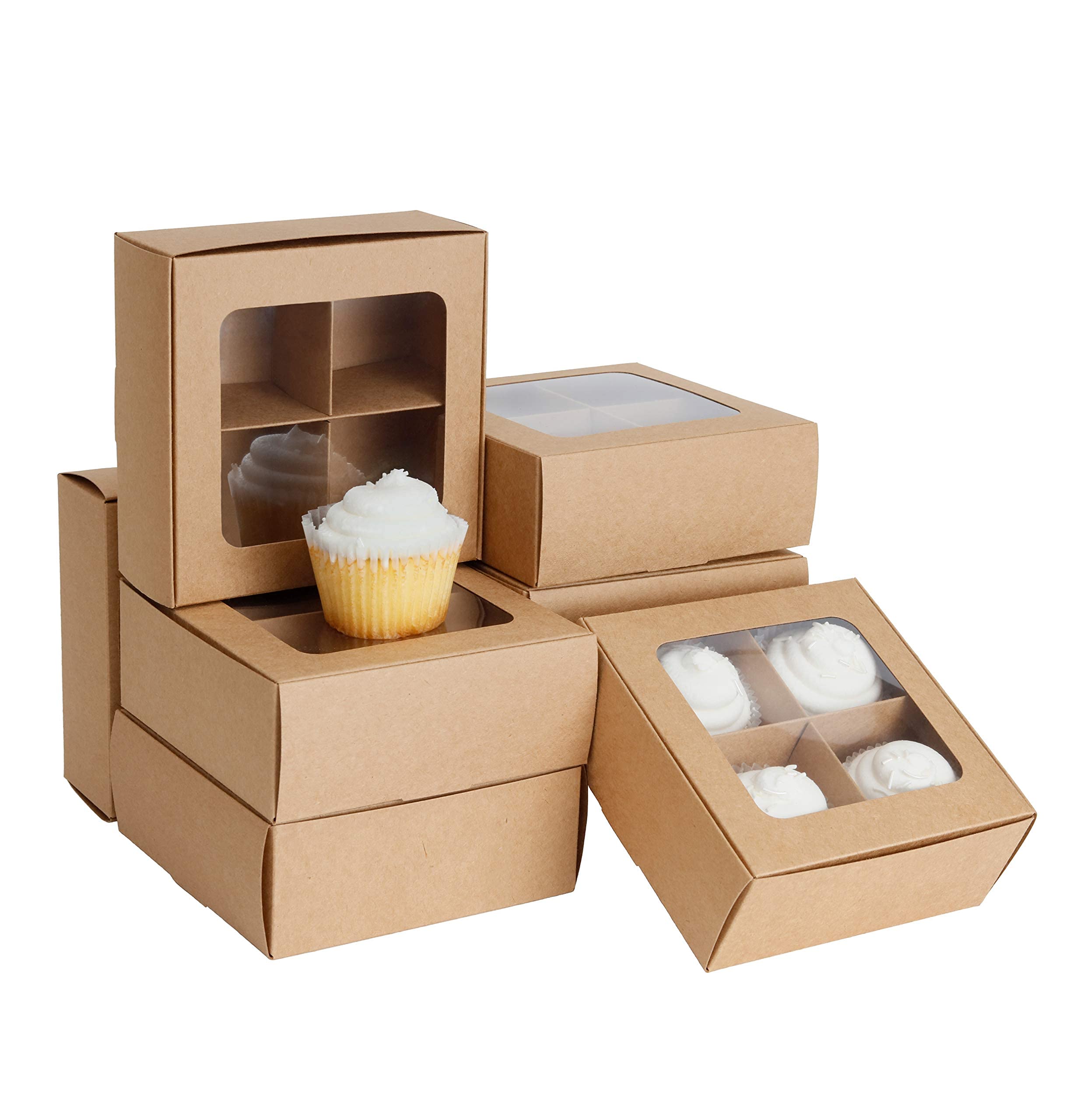 Gretel 6x6 Brown Bakery Boxes with Window and Dividers | Four Compartment Brownie Box for Small Cookies  Charcuterie  Baked Goods  and Treats | 6x6x2.4 In | 24 Pack (Kraft)