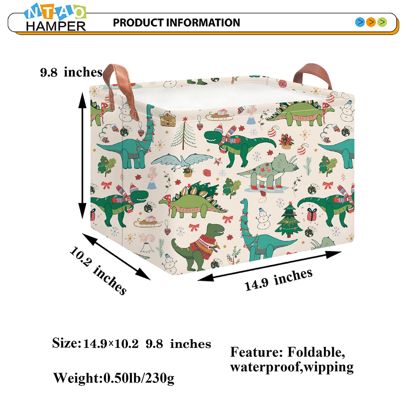 NTAOHAMPER Rectangular Storage Basket Empty,Storage Bin with Handles,Room Decor,Gift Basket,Book Box(Dinosaur Christmas)