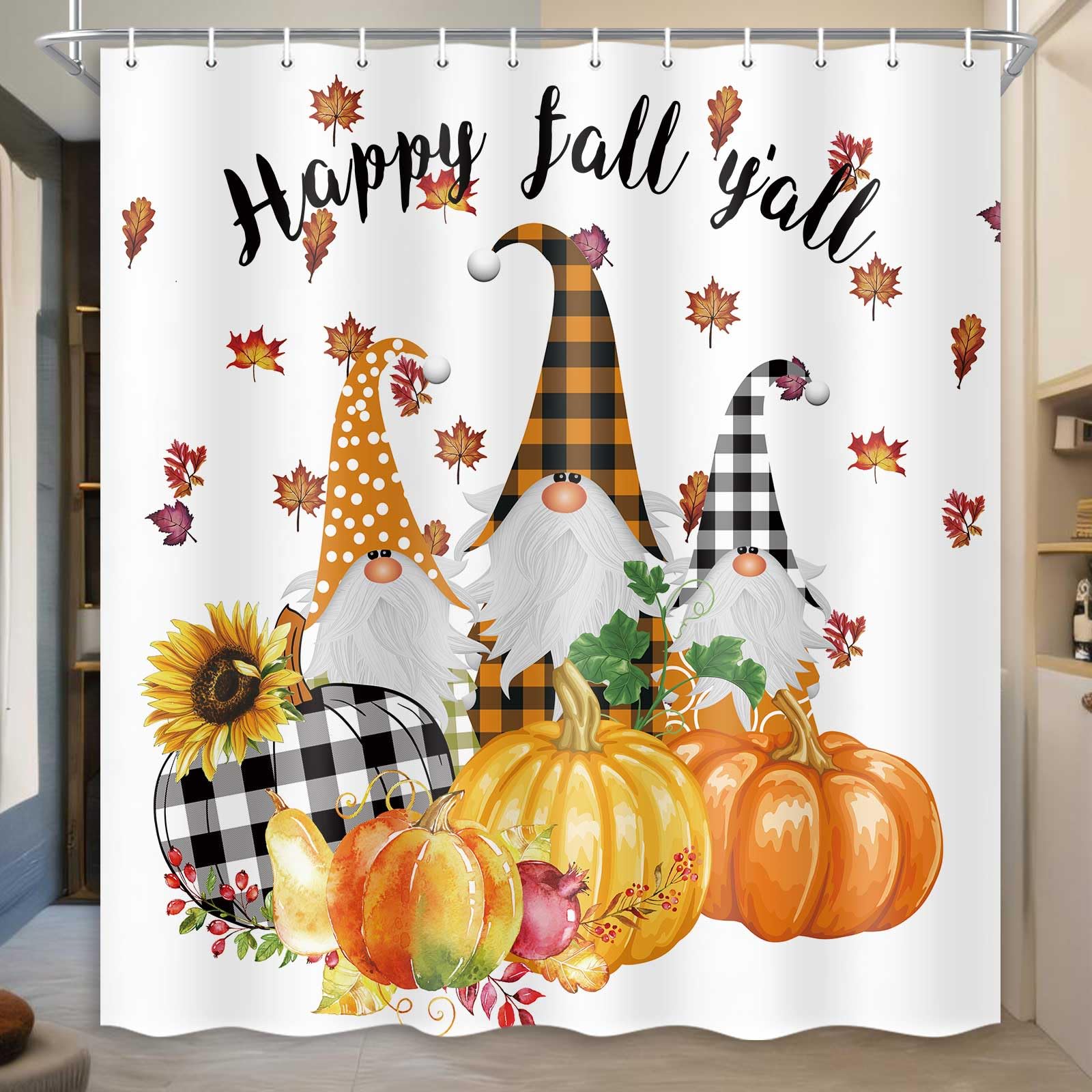 Merchr Fall Shower Curtain For Bathroom, Autumn Sunflower Pumpkin Gnome Design Thanksgiving Bathtub Curtains, Waterproof Fabric