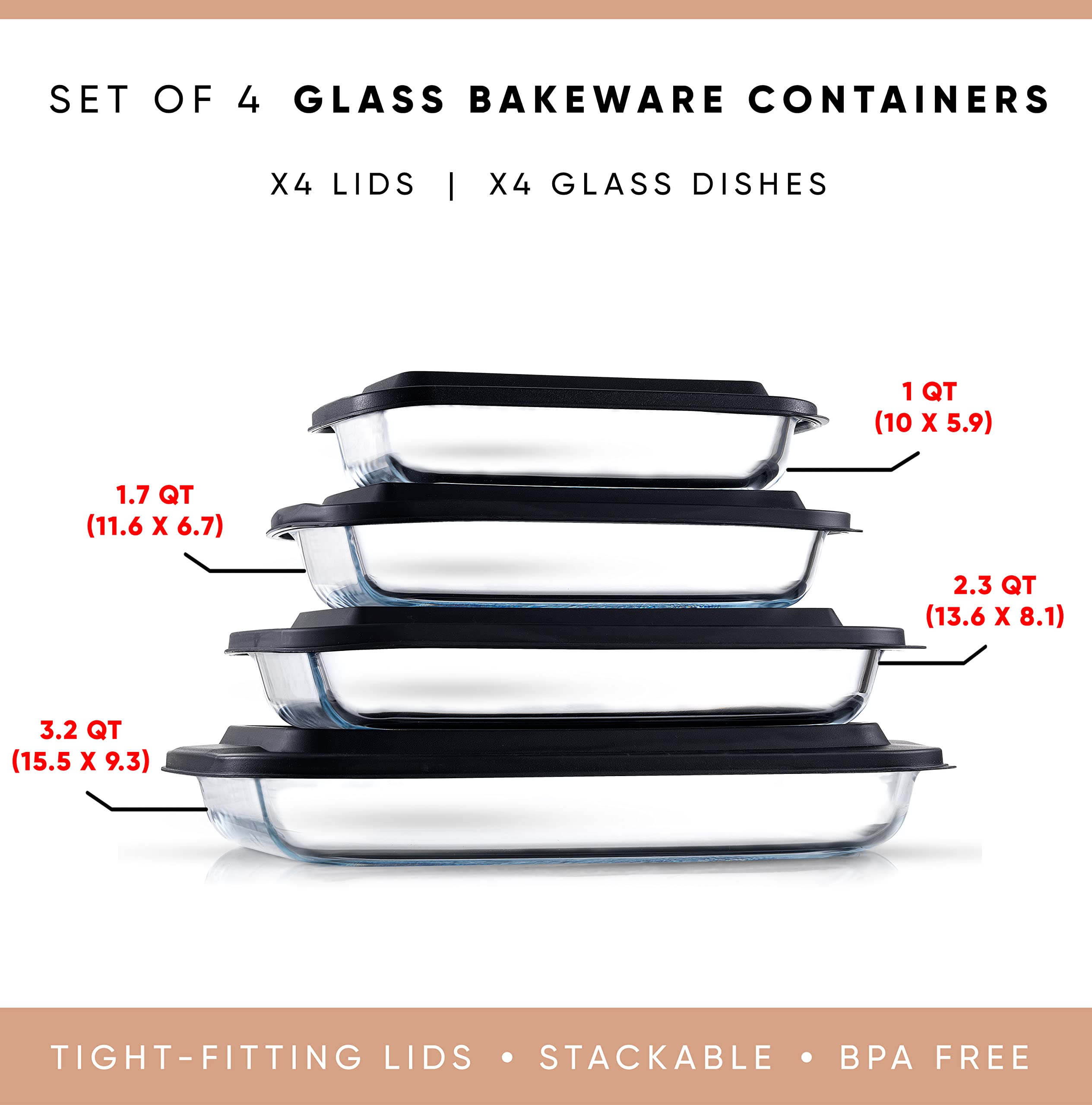 Joyful By Joyjolt 8Pc Glass Bakeware Set. 4X Baking Pan Dishes And 4X Baking Dish Lids For Kitchen Storage, Deep Baking Sheet, O