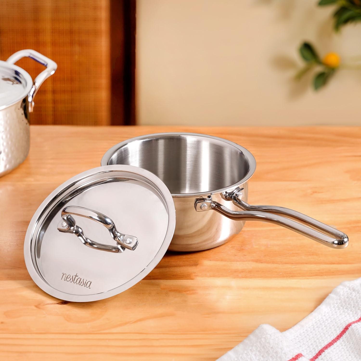 Nestasia Triply Stainless Steel Saucepan With Lid (1500 Ml), HeavyBottom Saucepan With Enhanced Grip Handles, Fast & Even Heati