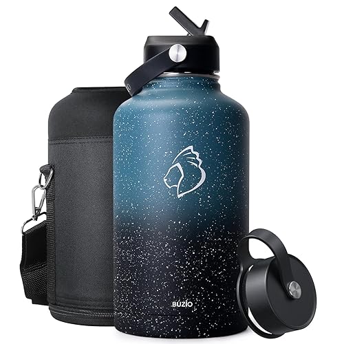 BUZIO 64oz Insulated Water Bottle with Straw Lid  Half Gallon Double Wall Food-Grade Stainless Steel Water Bottle with Carrying Pouch  Wide Mouth BPA-Free Sweat-Proof Sports Water Flask  Keep Hot Cold