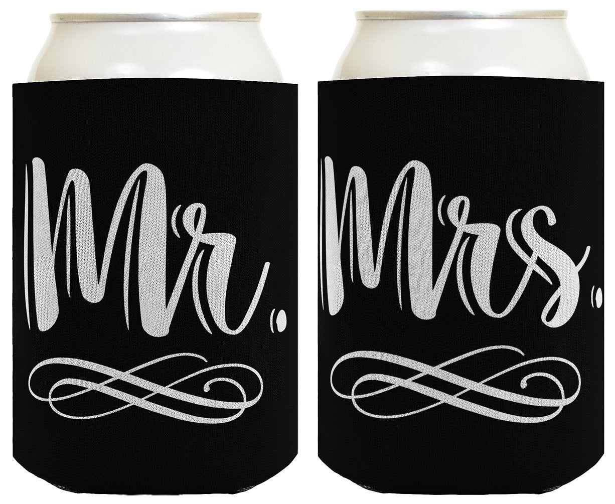 Bridal Shower Gifts Mr & Mrs Script Wedding Gift 2 Pack Can Coolie Drink Coolers Coolies Black