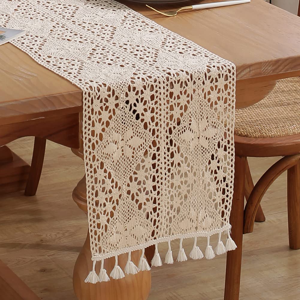 Meioro Crochet Lace Table Runner, 12X72 Inch Boho Cotton Table Runners With Tassels, Rustic Farmhouse Table Decoration 72 Inches