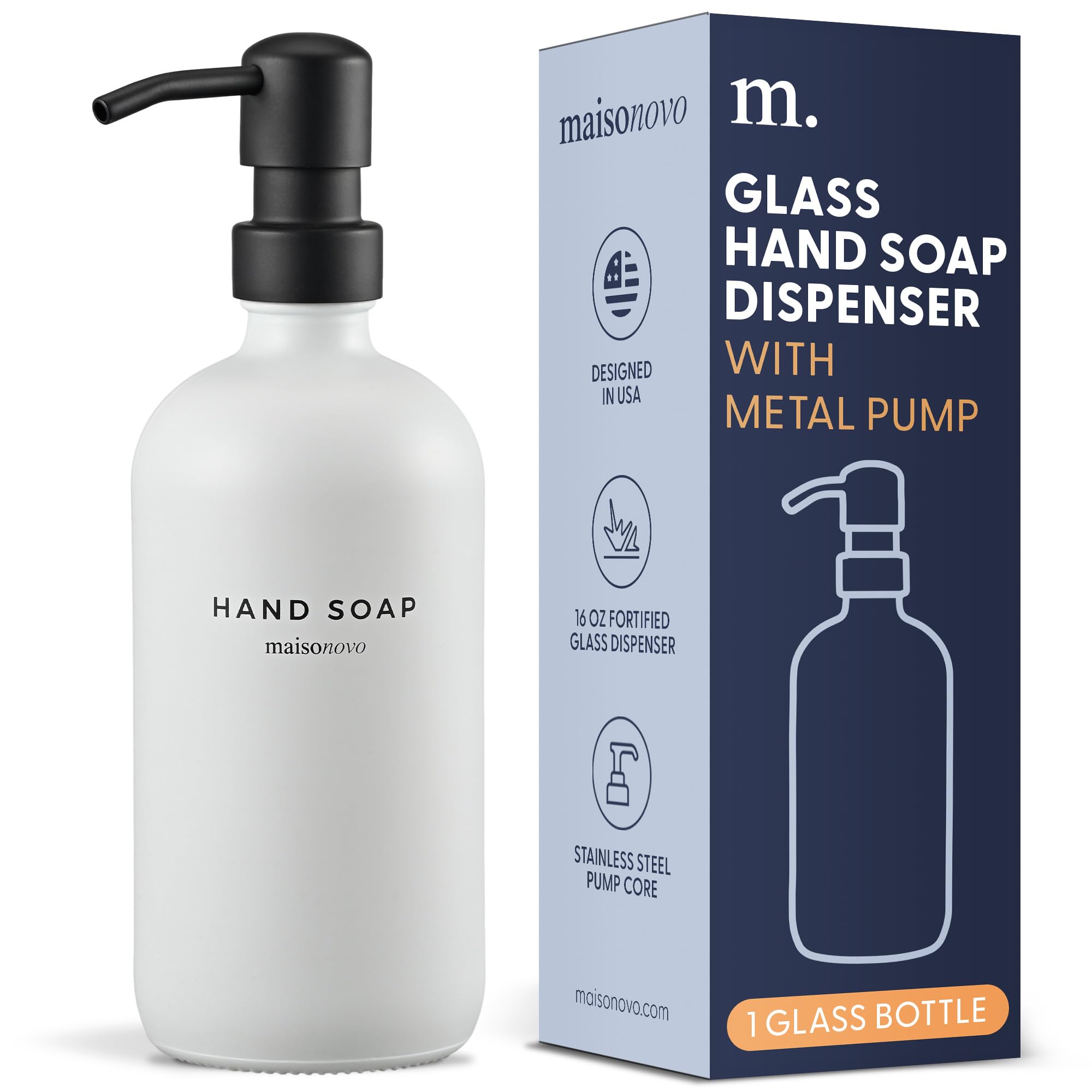 Maisonovo Hand Soap Dispenser For Bathroom | 16.9 Fl Oz White Glass Black Pump X 1