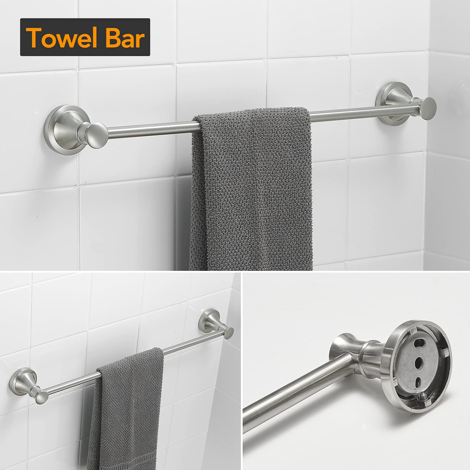 BESy Brushed Nickel 4 Piece Bathroom Accessories Set (Single Towel Bar  Towel Ring  Toilet Paper Holder  Double Towel Hooks)  Wall Mounted Bath Hardware Accessory Fixtures Rack Set