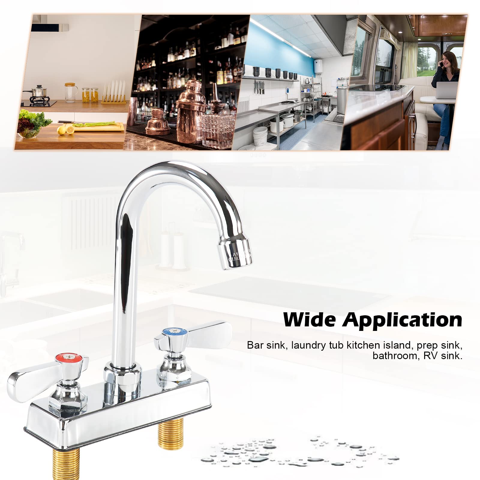 Commercial Bar Sink Faucet 4 Inch Center Deck Mount Bar Sink Faucet 2 Hole Brass Constructed & Chrome Polished With 3-1/2'' Goos