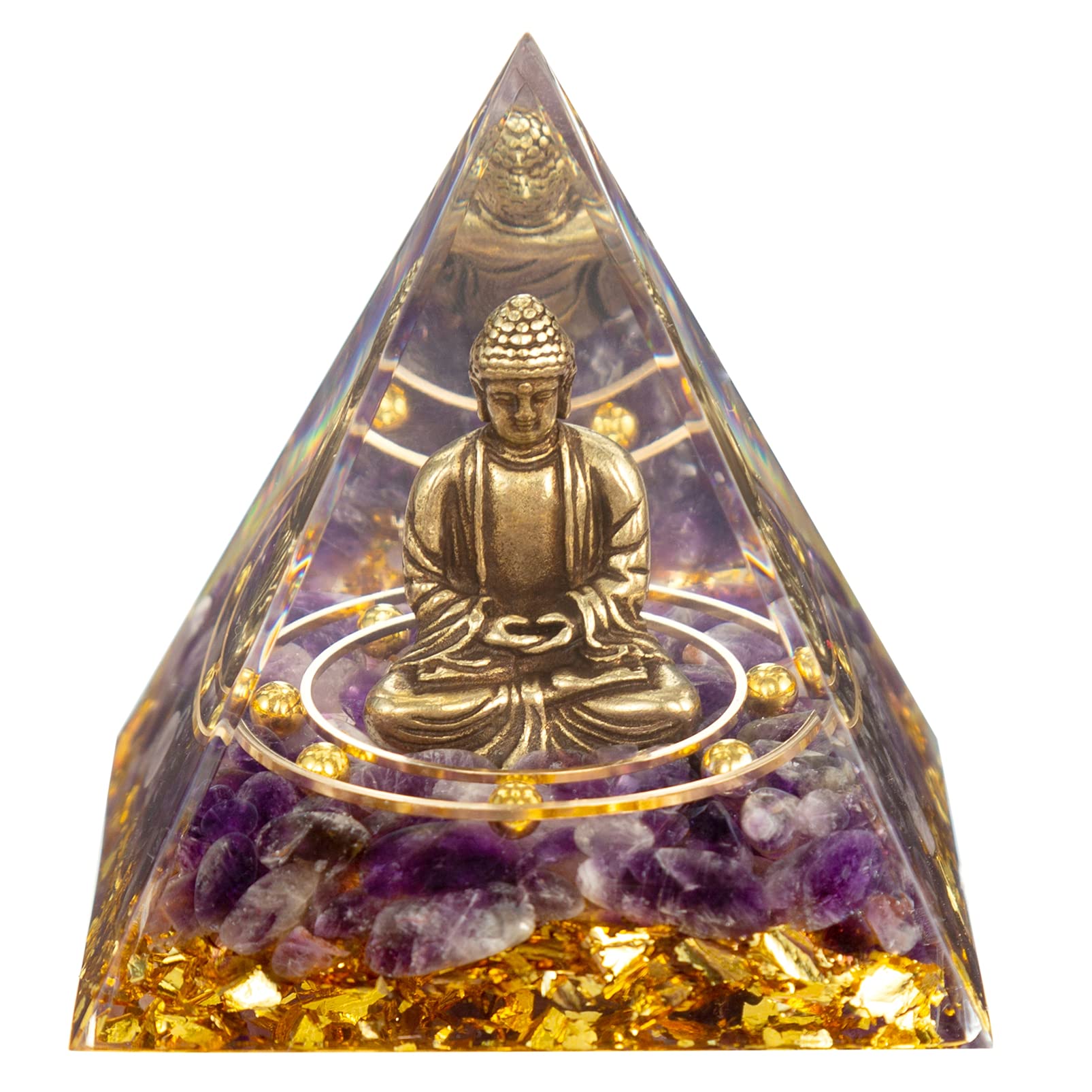 FENGSHUI-CAISHEN Little Buddha Statue in Healing Crystal Organite Pyramid - Amethyst with Baby Buddha Figurine, Reiki Chakra Med