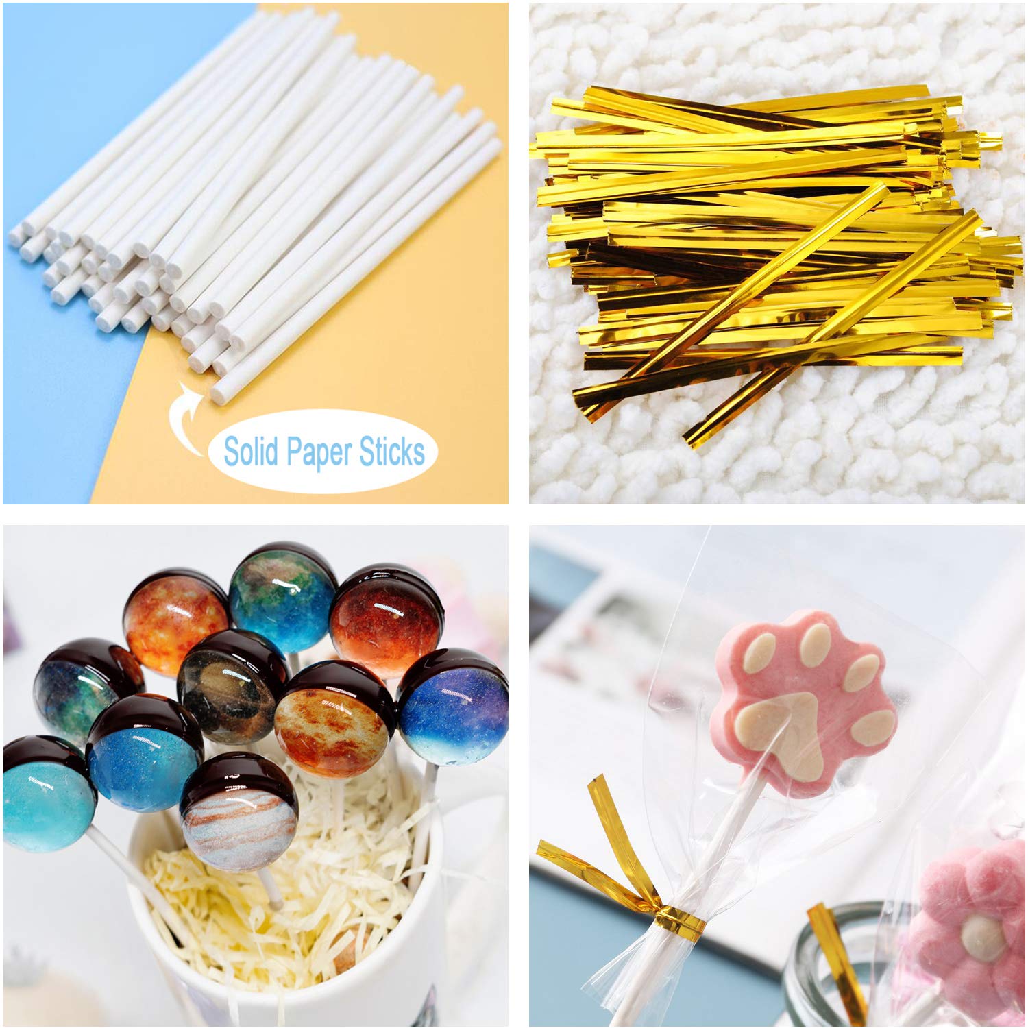 300Pcs Lollipop Cake Pop Treat Bag Set Including 100Pcs Parcel Bags, 100Pcs Papery Treat Sticks, 100Pcs Gold Metallic Twist Ties