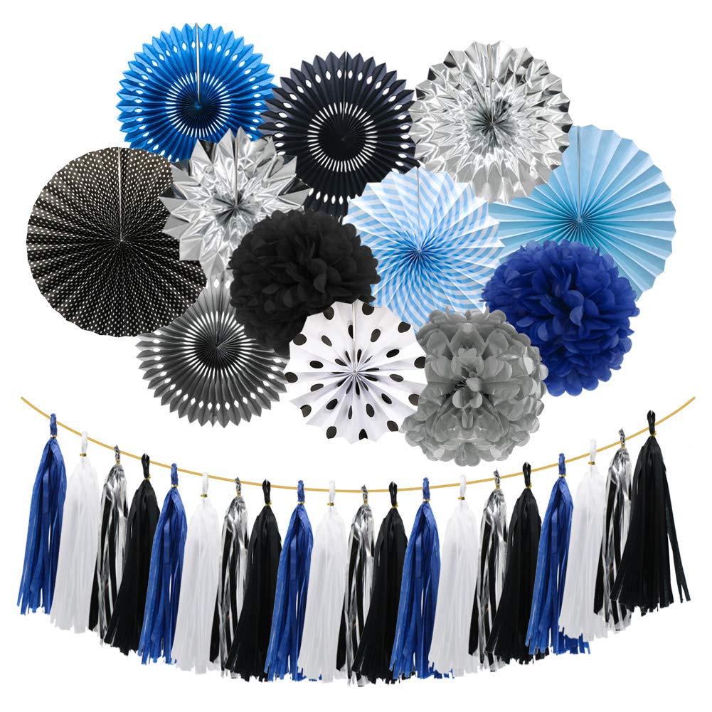 Meiduo Navy Blue Silver Black Party Decorations Hanging Paper Fans Pom Poms Flowers Tissue Tassel Garland For Graduation Boy Kid