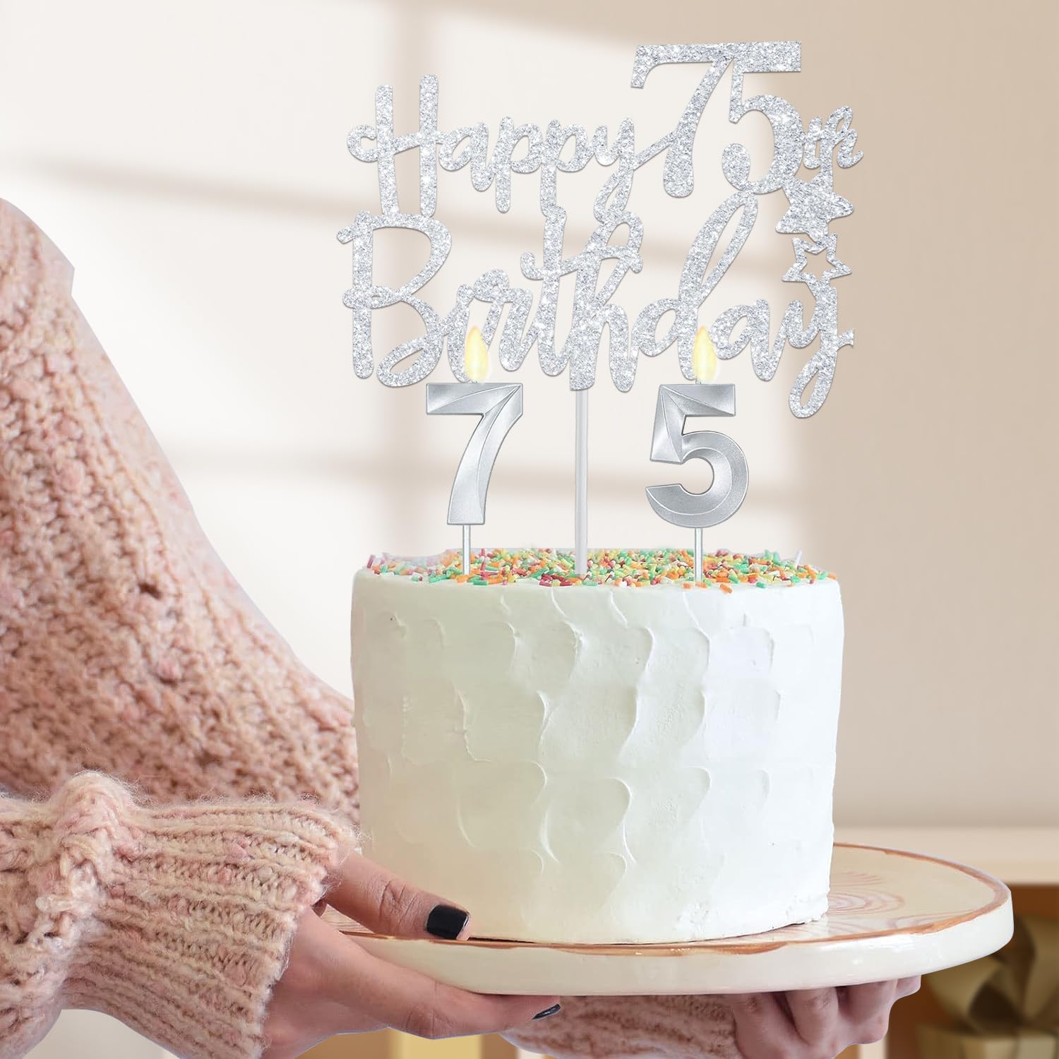 75th Birthday Decorations for Women Silver with 75th Birthday Sash and Tiara, Cake Topper and Candles, Silver Number Balloons, 7