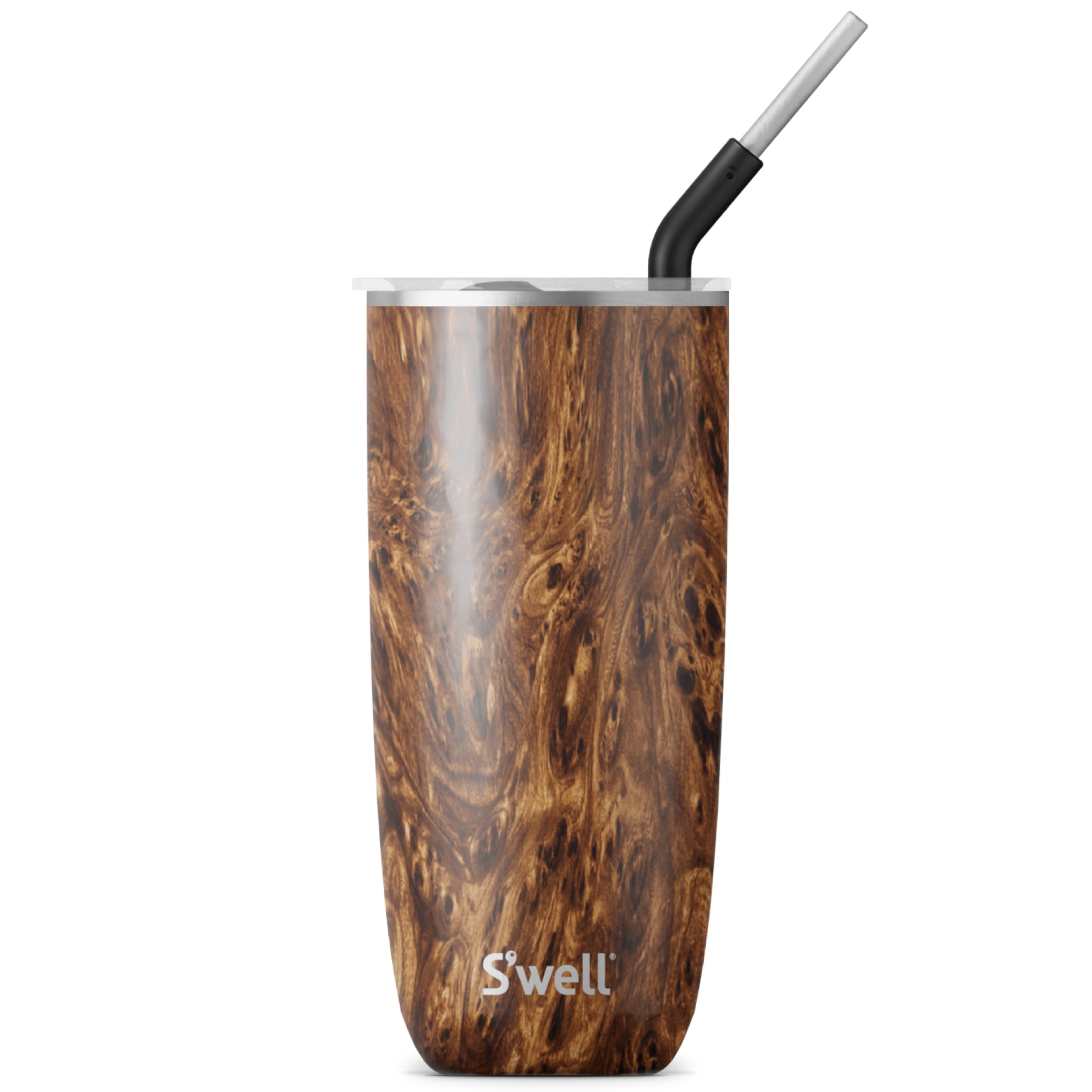 S'Well Stainless Steel Tumbler With Straw And Slide-Open Lid, 24Oz, Teakwood, Triple Layered Vacuum Insulated Containers Keeps D