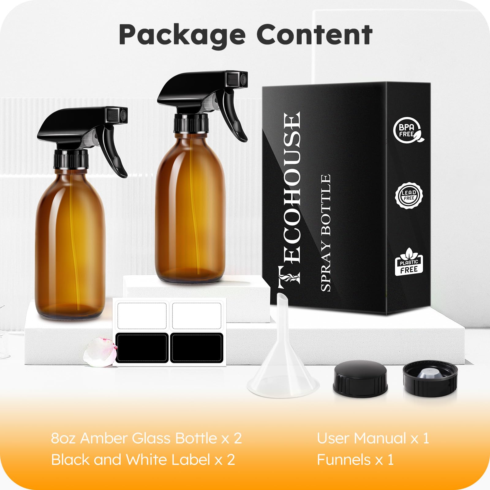 Tecohouse Glass Spray Bottles 8oz  Amber Hair Spray Bottles  2 Pack Empty Refillable Sprayer Container with Labels  Funnel  Lids  Graduated Pipettes - Handheld Size