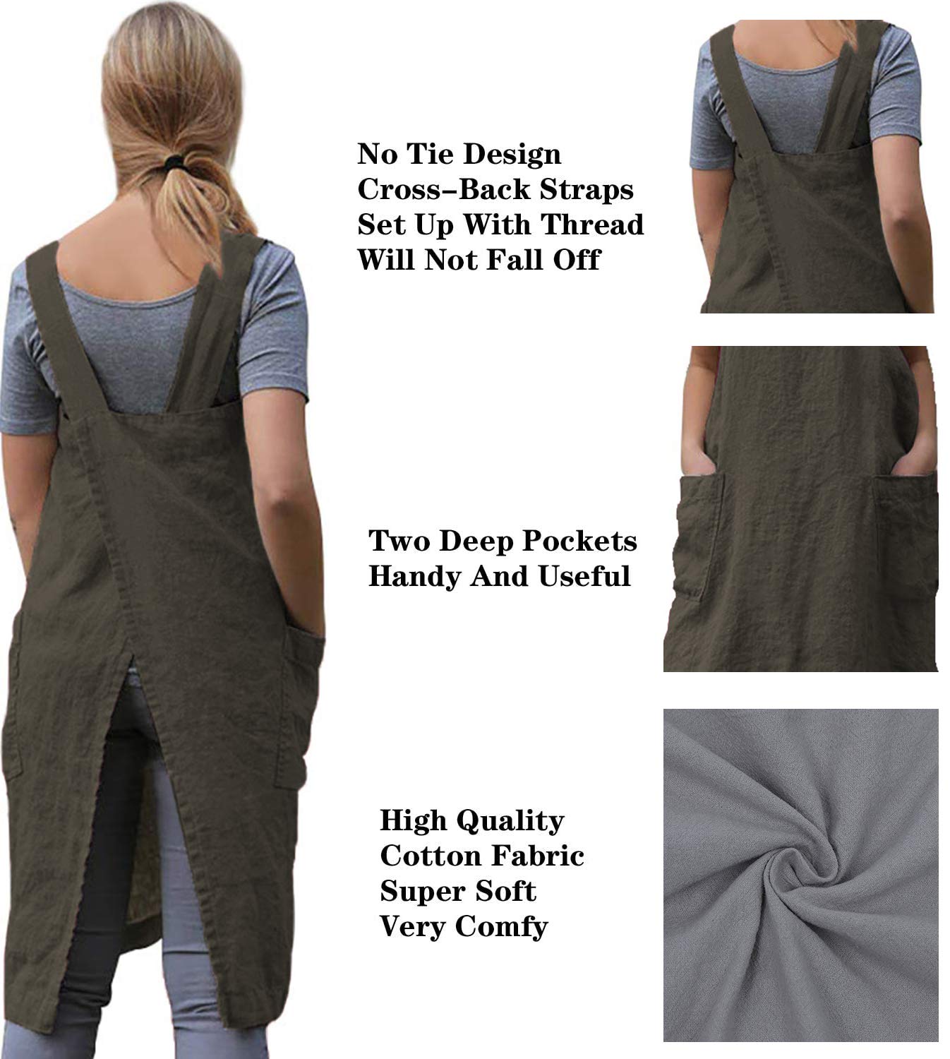 Women 'S Cross Back Pinafore Apron With Large Pockets Home Kitchen, Restaurant, Coffee House,Cooking Gardening Works Armygreen-S