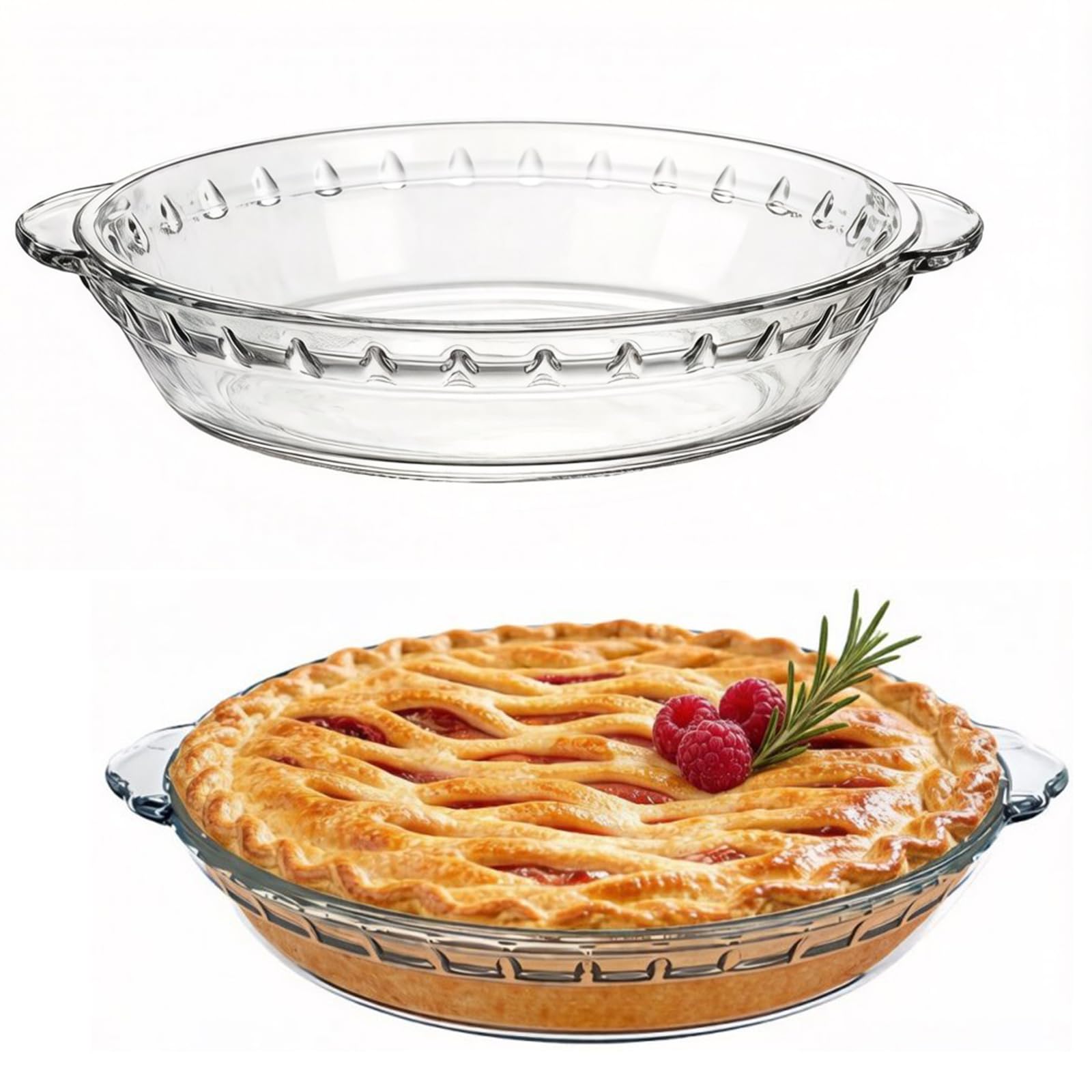 Cheeren 2 Pack Clear Glass Pie Pan for BakingRound Dish with Handles 35 oz, for Apple, Pumpkin Pie and Salads (9inch)