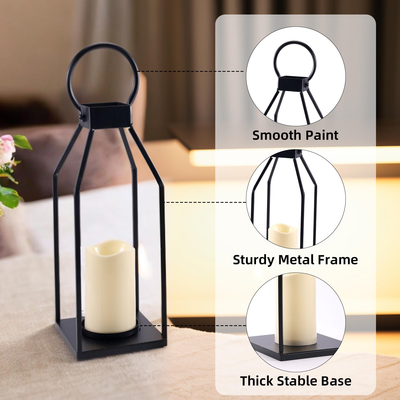 PHOSPHOR Modern Farmhouse Decor Lanterrn Set of 2 Black Metal Candle Holder for Indoor Outdoor Lanterns with Candles for Living