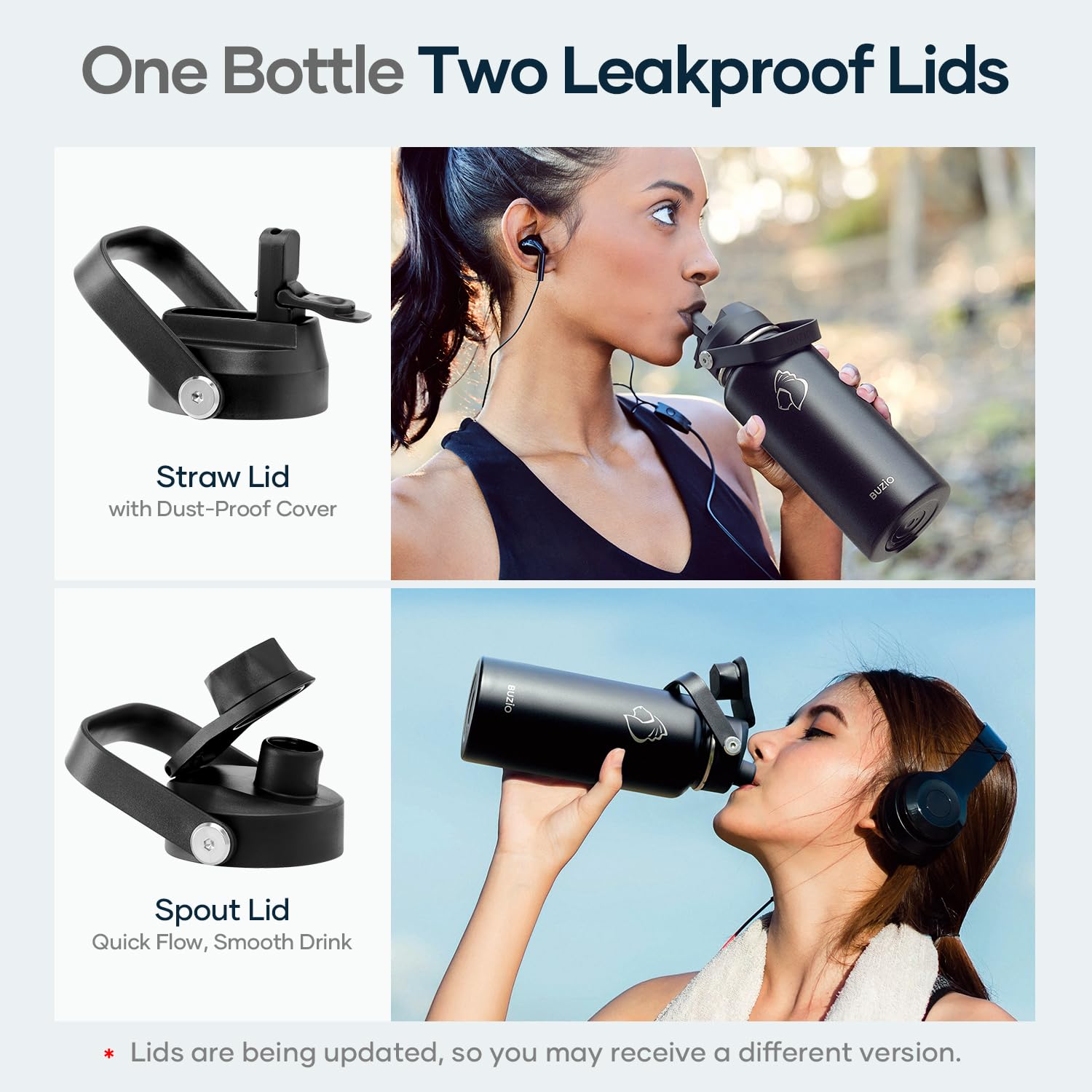 BUZIO Stainless Steel Water Bottle (Cold for 48 Hrs  Hot for 24 Hrs)  32 oz Vacuum Insulated Water Bottle with Straw Lid and Flex Cap (Double Wall  Wide Mouth  BPA Free  Leak Proof)  Black