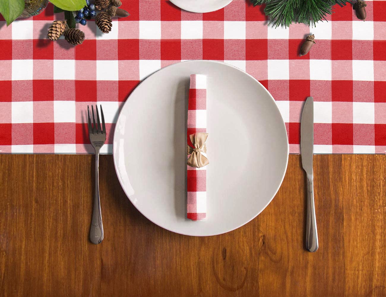 Duobao Buffalo Plaid Table Runner 14X108-Inches Red And White Checkered Tables Runners With Tassel Christmas Decoration Gingham