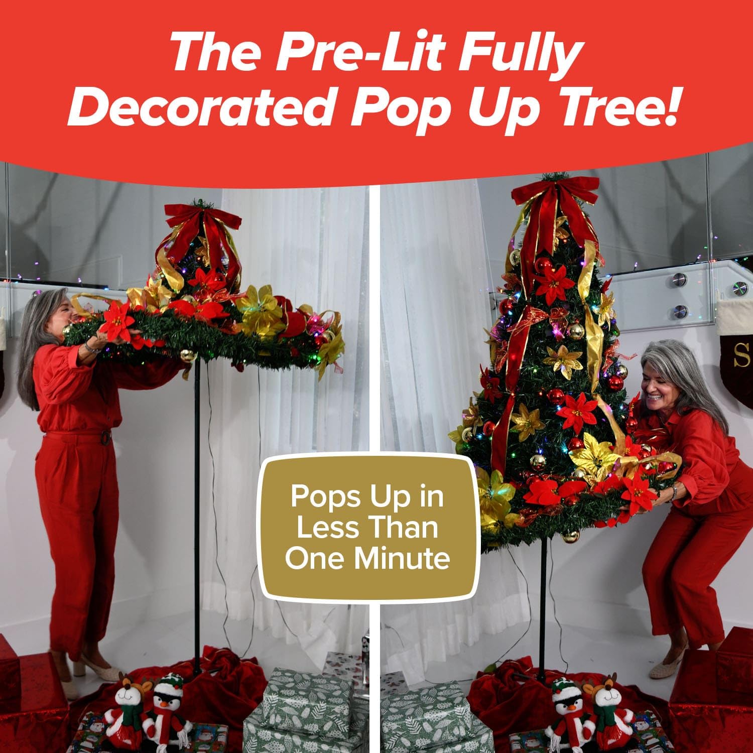 Superstar Santa Pop-Up Signature Series Christmas Tree, 7FT, Pre-Lit w/300 LED Lights, AS SEEN ON TV, Santa Topper Projects Nort