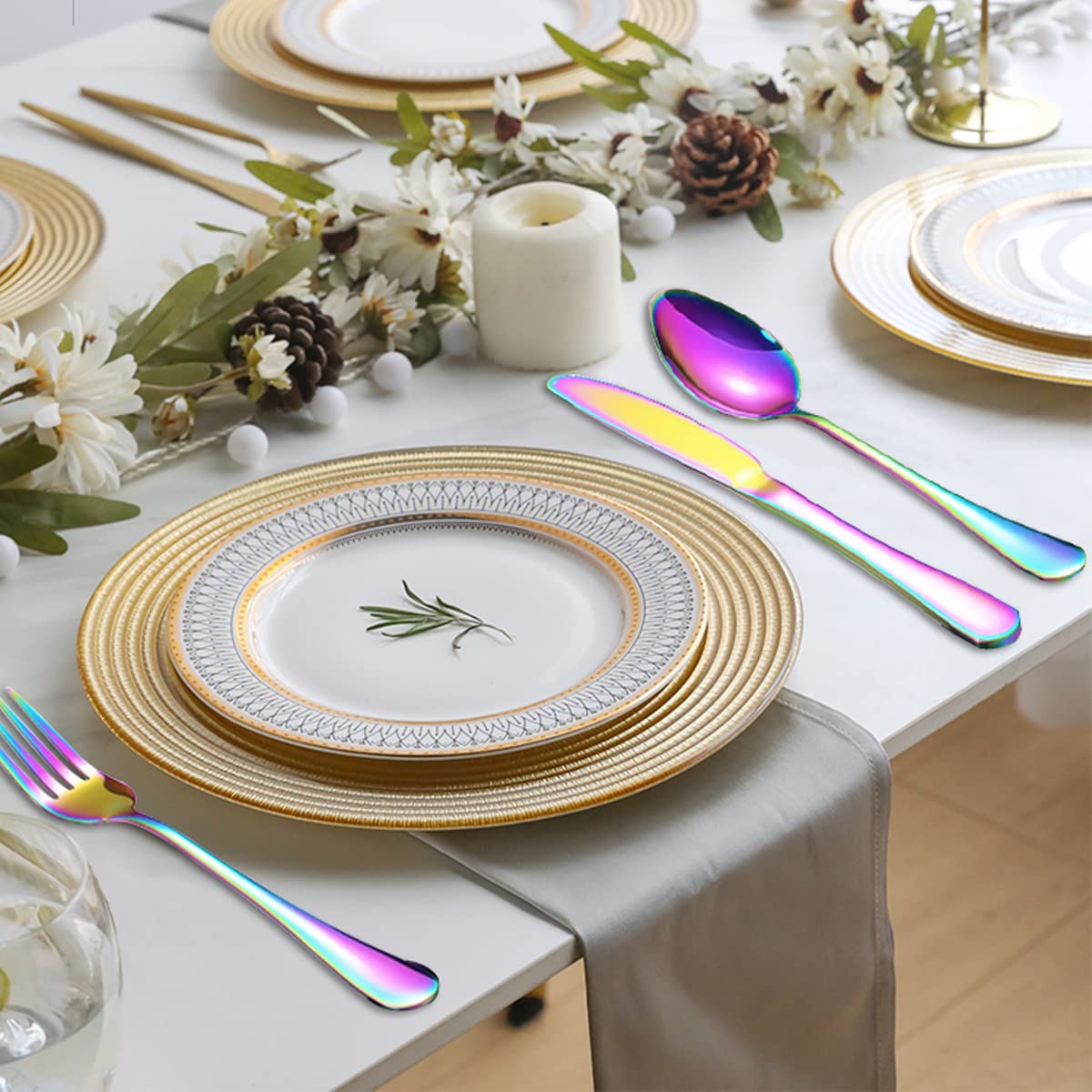 Kyraton Rainbow Silverware Set 45 Pieces Service For 8, Titanium Colorful Plating Flatware Sets Cutlery Set, Spoons And Forks Si