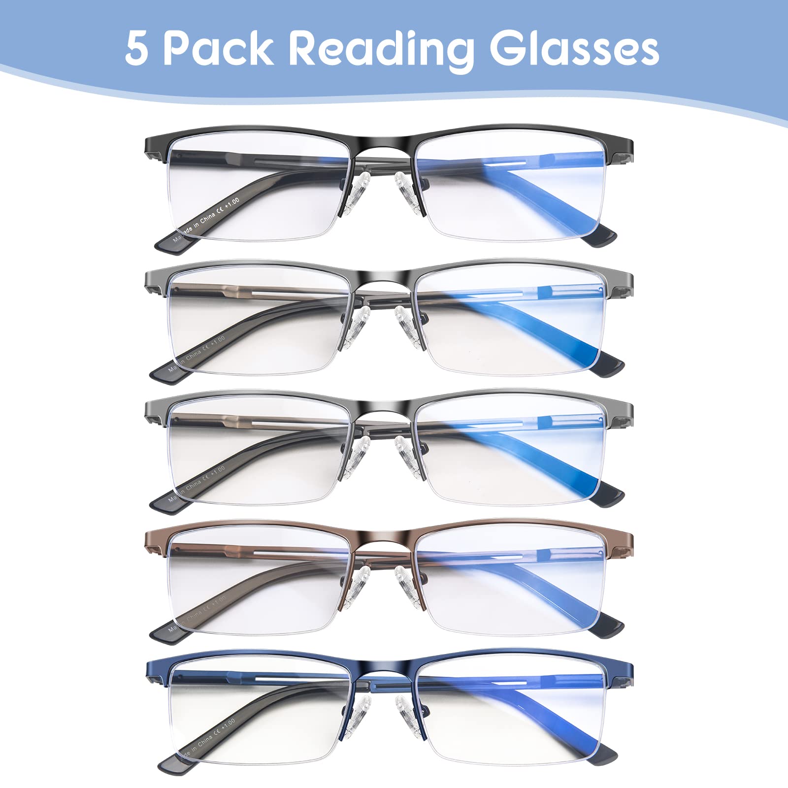 Konhago Blue Light Blocking Reading Glasses For Men, Half Frame Metal Readers Spring Hinge Eyeglasses Anti Eyestrainglareuv