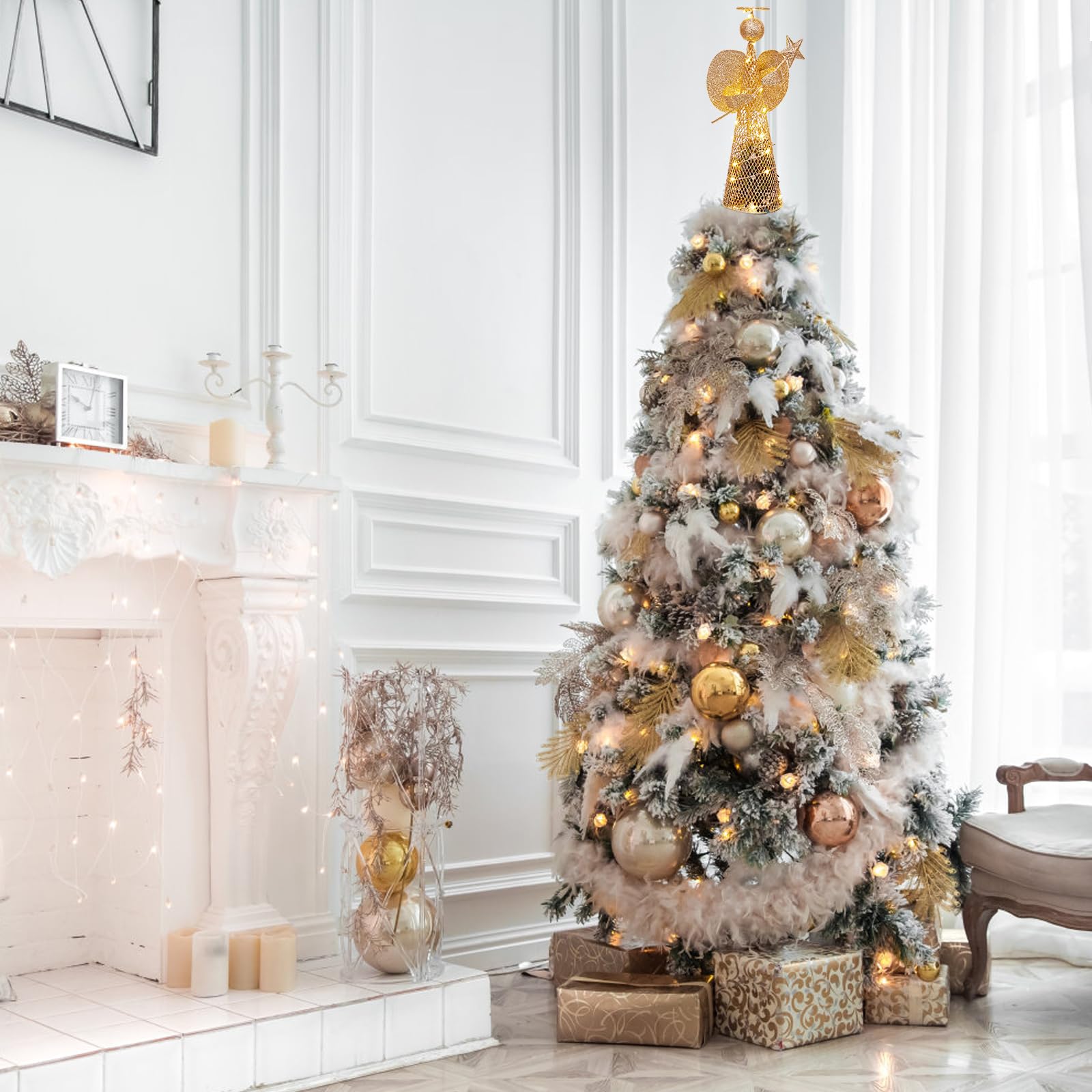 Christmas Tree Topper 9.8 Golden Glittered Star Tree Topper with 20 LED Lights Xmas Tree Topper Star for Xmas Decorations Orname