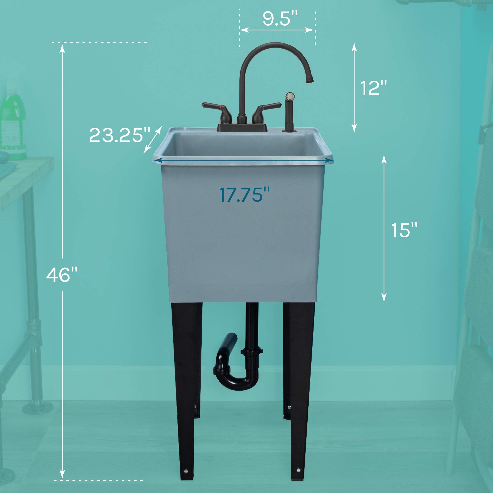 Grey Space Saver Utility Sink By Js Jackson Supplies, Freestanding Tehila Space Saving Laundry Tub, Black Gooseneck Faucet With